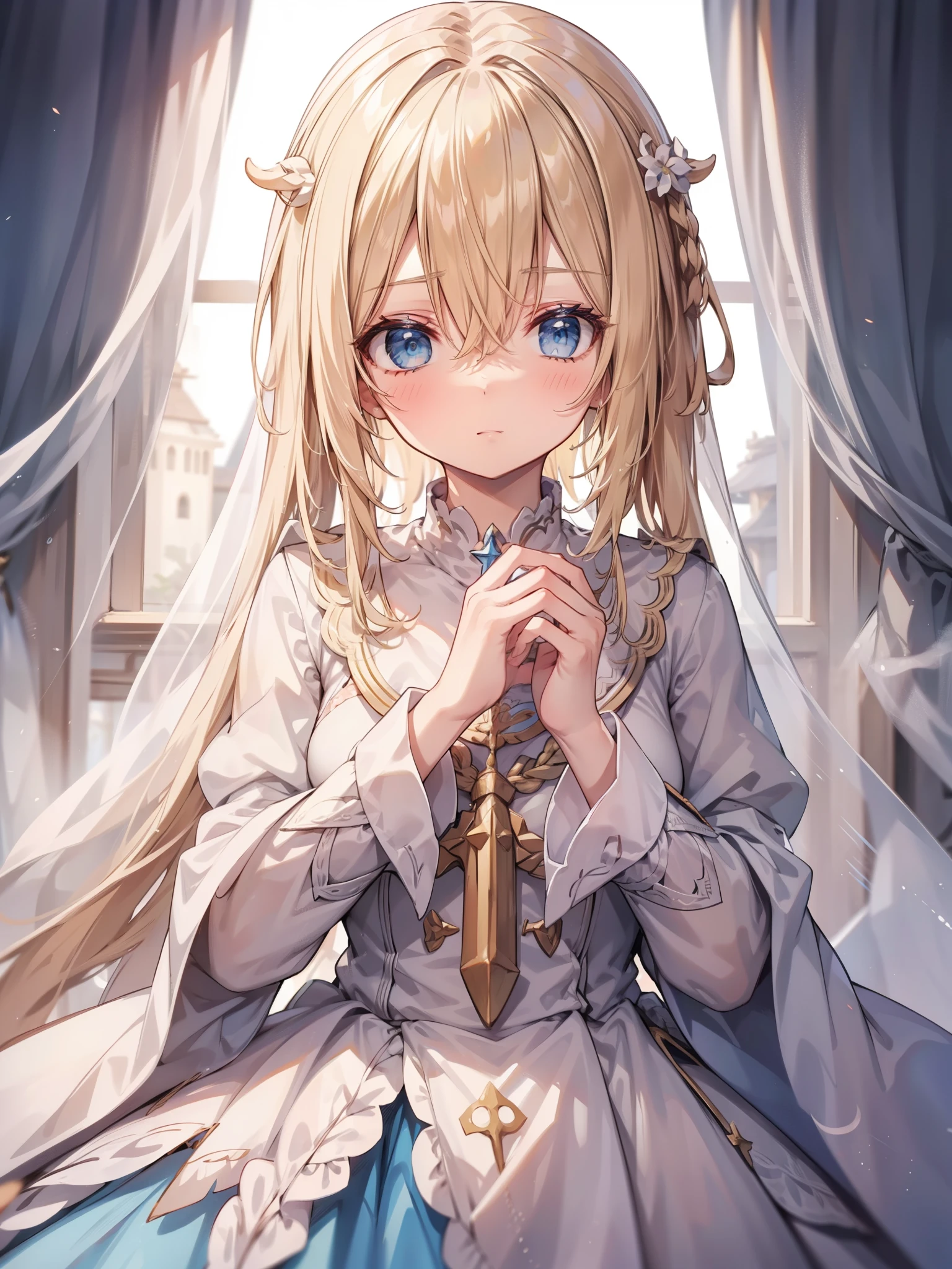 priestess, blonde hair, blue eyes, long hair, hair between eyes,