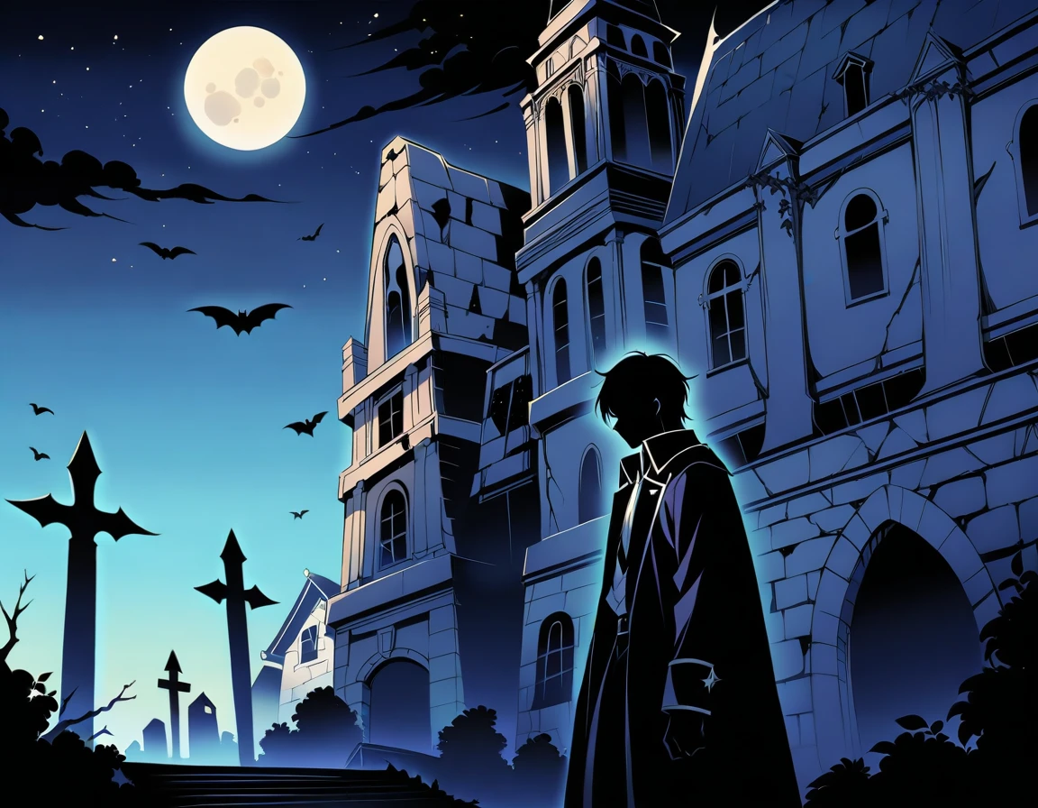 A dark and foreboding night, with a crescent moon hanging low in the sky like a scythe, casts an eerie glow on Miskatonic University's ancient stone buildings. The air reeks of decay and forgotten knowledge as Professor Emerson, a bespectacled and erudite magical detective, emerges from the shadows. His eyes burn with an otherworldly intensity as he surveys the chaos-wracked campus. With the Necronomicon's forbidden secrets whispering in his ear, he prepares to confront the despicable evil that has awakened, its presence stirring the fearsome old gods from their millennia-long slumber., masterpiece, incredibly absurd resolution, absolute resolution, super high resolution,Character Focus