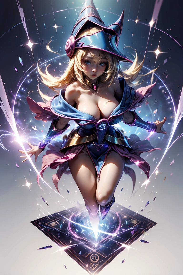 (masterpiece:1.2), (The best quality:1.2), perfect lighting, Dark Magician Girl casting a spell, floating in the air, big tits, neckline, magic background. Transparent hearts in the air, blue robe, big hat, from above, Sparkles, Yugioh Card in the background very close to the screen