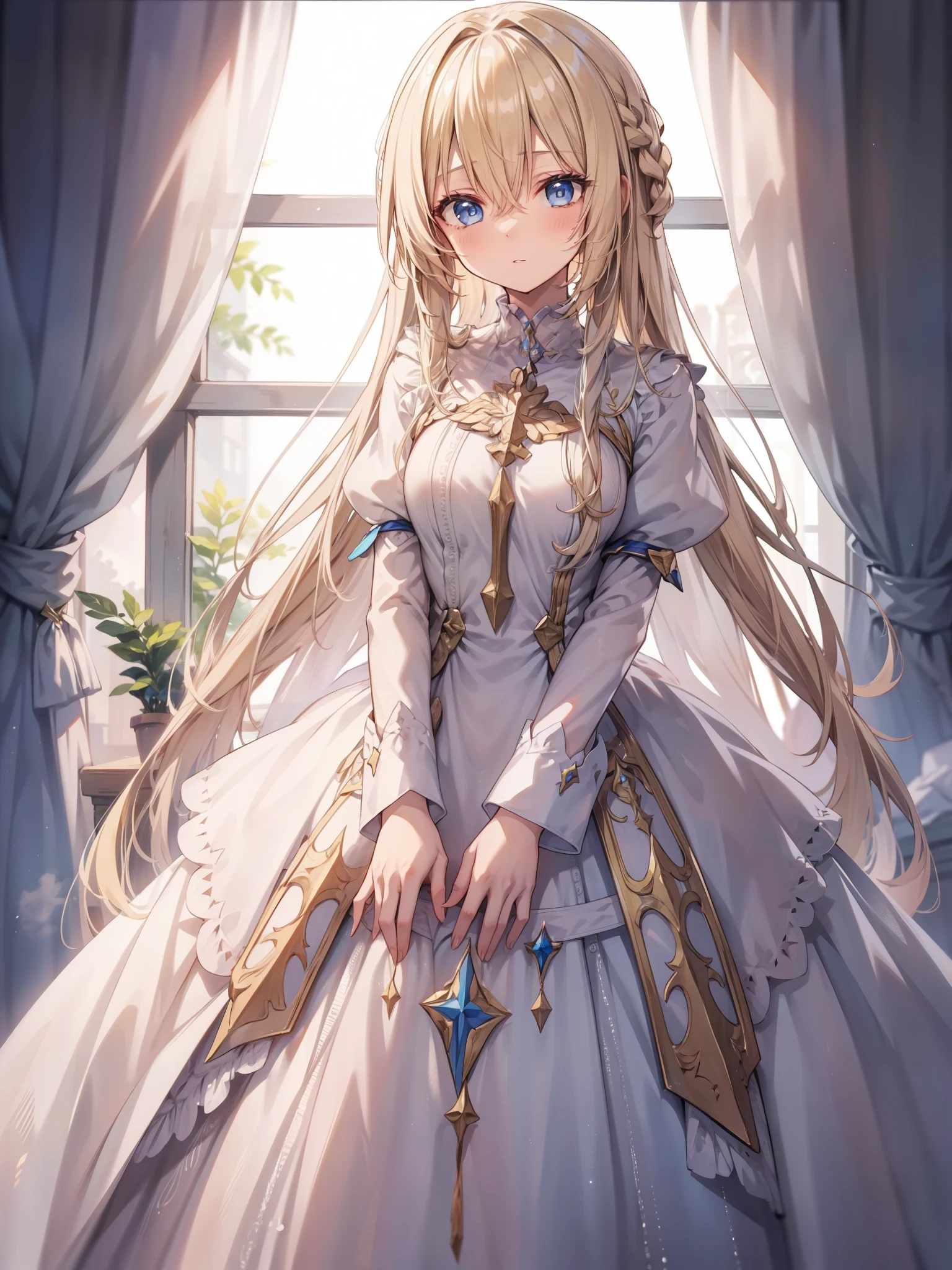 priestess, blonde hair, blue eyes, long hair, hair between eyes,