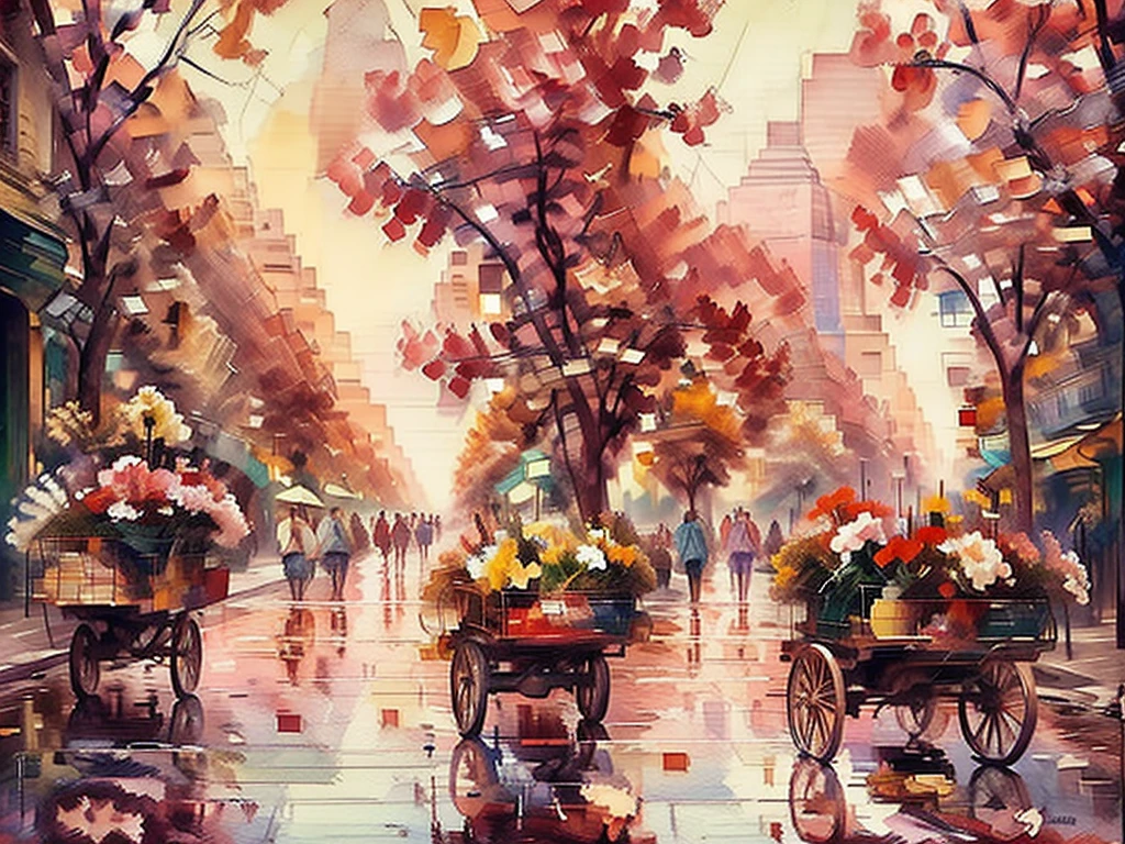 painting in a mixture of oil paint and watercolor in pastel red tones of the city of Paris in the 17th century, several carts, many street vendors, a beautiful view with many trees and flowers.