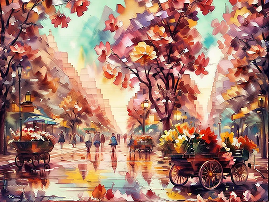painting in a mixture of oil paint and watercolor in pastel red tones of the city of Paris in the 17th century, several carts, many street vendors, a beautiful view with many trees and flowers.