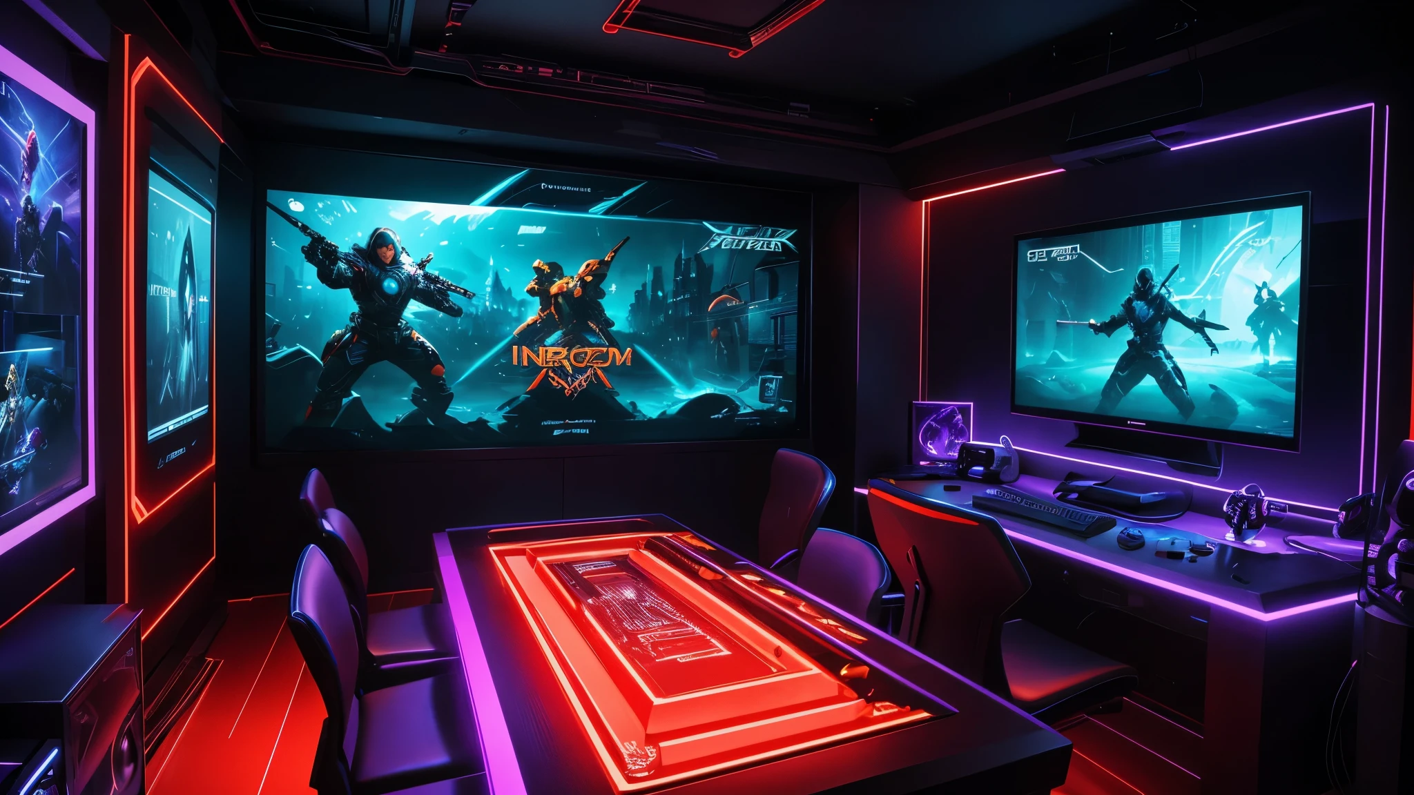 (best quality,4k,8k,highres,masterpiece:1.2),ultra-detailed,(realistic,photorealistic,photo-realistic:1.37),inside view of gaming room at evening,(colorful,nicely-toned:turquoise,blue,purple,orange,red) night, [Silhouette] of a person sitting at a futuristic gaming setup, illuminated by the vibrant glow of RGB LED lights. [Multiple monitors] displaying intense action scenes from virtual worlds. [Sleek, modern design:1.1] of the gaming console, with a polished finish and metallic accents. The room is filled with [a sense of excitement], as the person's eyes are [bright and focused:1.1] on the screen, reflecting the captivating gameplay. The atmosphere exudes [energy and intensity], enhanced by the [subtle smoke effects:0.9] floating in the air. In the background, [stylish posters and artworks] adorn the walls, showcasing iconic gaming characters and immersive landscapes. The room is bathed in [dynamic, vibrant lighting:1.1], casting [striking shadows and highlights] on the gamer's face and surroundings. The color scheme transitions from deep blues and purples to fiery oranges and reds, creating a [dreamlike ambiance]. The scene captures the thrill and immersion of the gaming experience, inviting the viewer to join this captivating virtual realm.