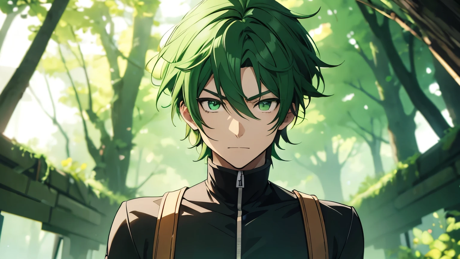 Short green anime male with green eyes does not smile.