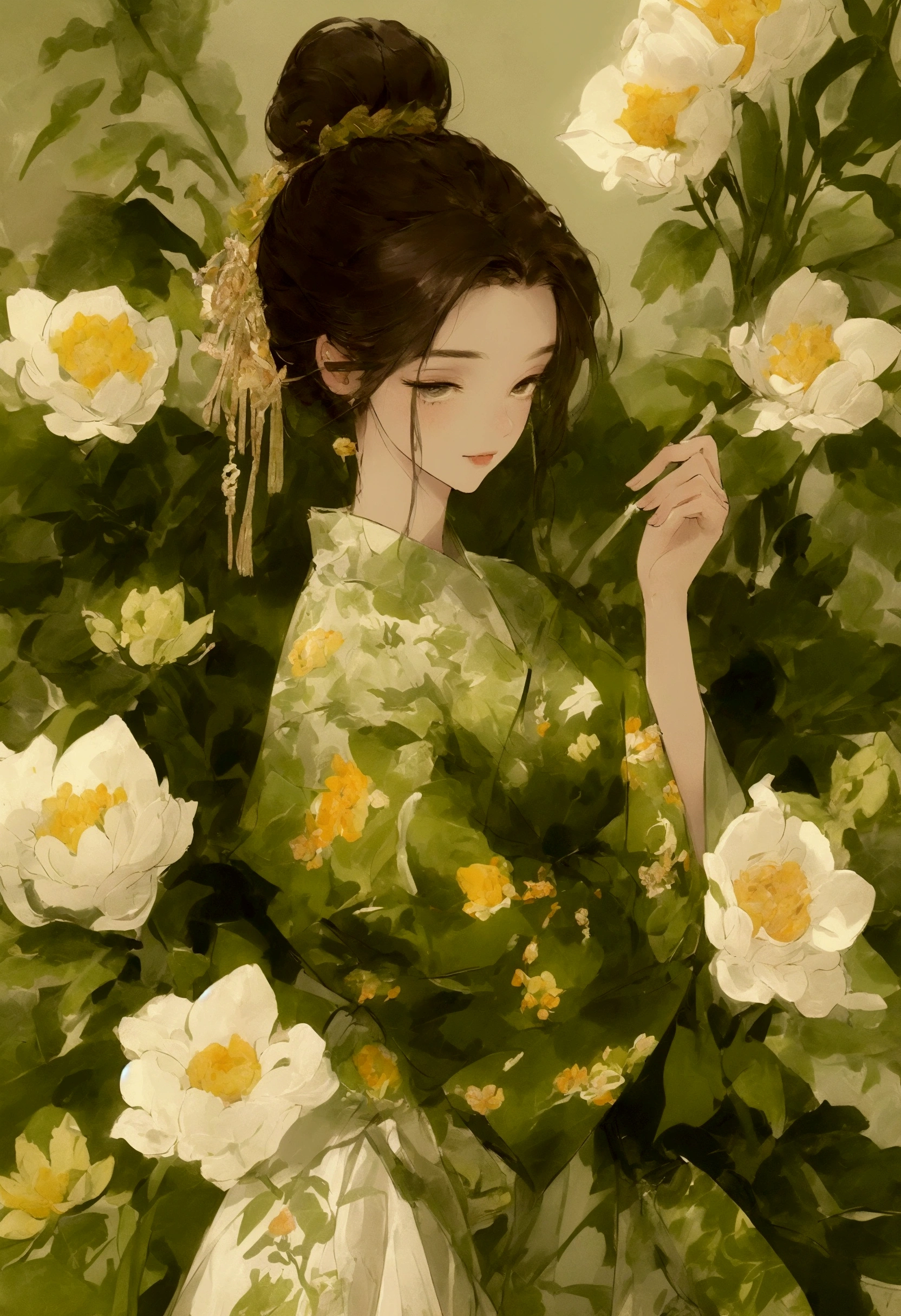 Young men and young women,Flowers around,Light white and light green,Exaggerated human proportions,Front view,Illustration in flat style,Soft Light,Super Detail,Ultra HD,8K quality,Wide Angle