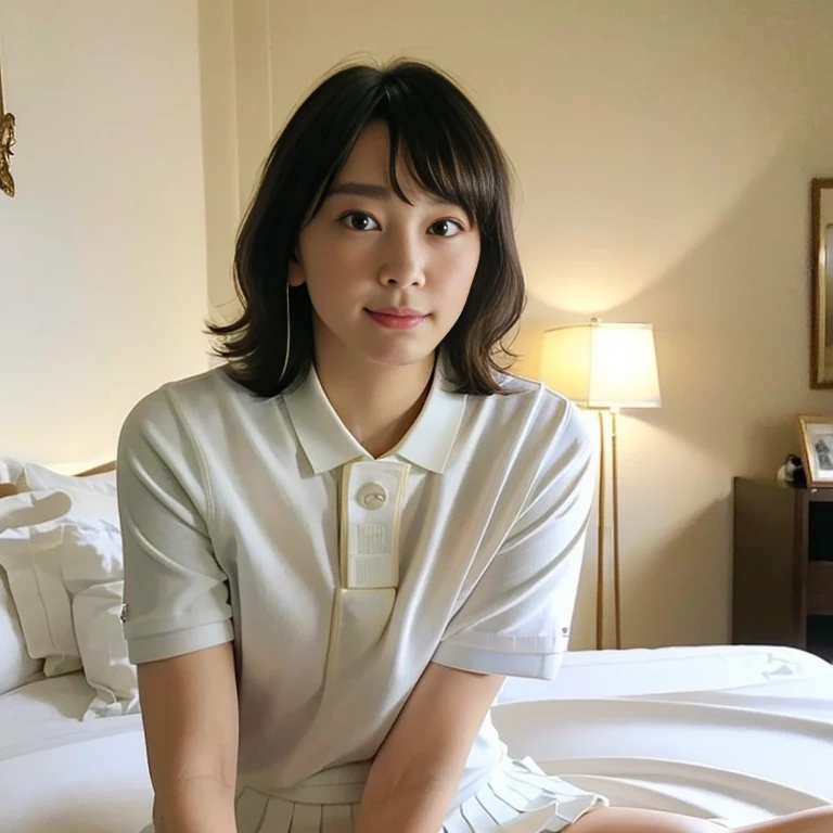 (Masterpiece, Best quality:1.2), (Ultra realistic, Photo-realistic:1.2), Full body, Kneeling, (Arms behind back:1.2), Looking at viewer, Natural light, 28 years old actress, Japanese women, Neat and clean, ((Wearing white tennis uniform, White short-sleeve polo shirt with collar, Not buttoning the polo shirt, White pleated tennis skirt:1.3)), Wearing white sock, (Ponytail:1.2), Short wavy hair, Black hair color, (Beautiful face), Oval face, clear, (Beautiful eyes, Kind eyes), (Clear skin), Small face, (Beautiful mouth, Small mouth), Natural makeup, Approachable, Seductive smile, (Seductive pose:1.2), (Beautiful thighs:1.1), Bedroom eyes, Embarrassed, Blush, Luxury hotel Suite room,On bed,