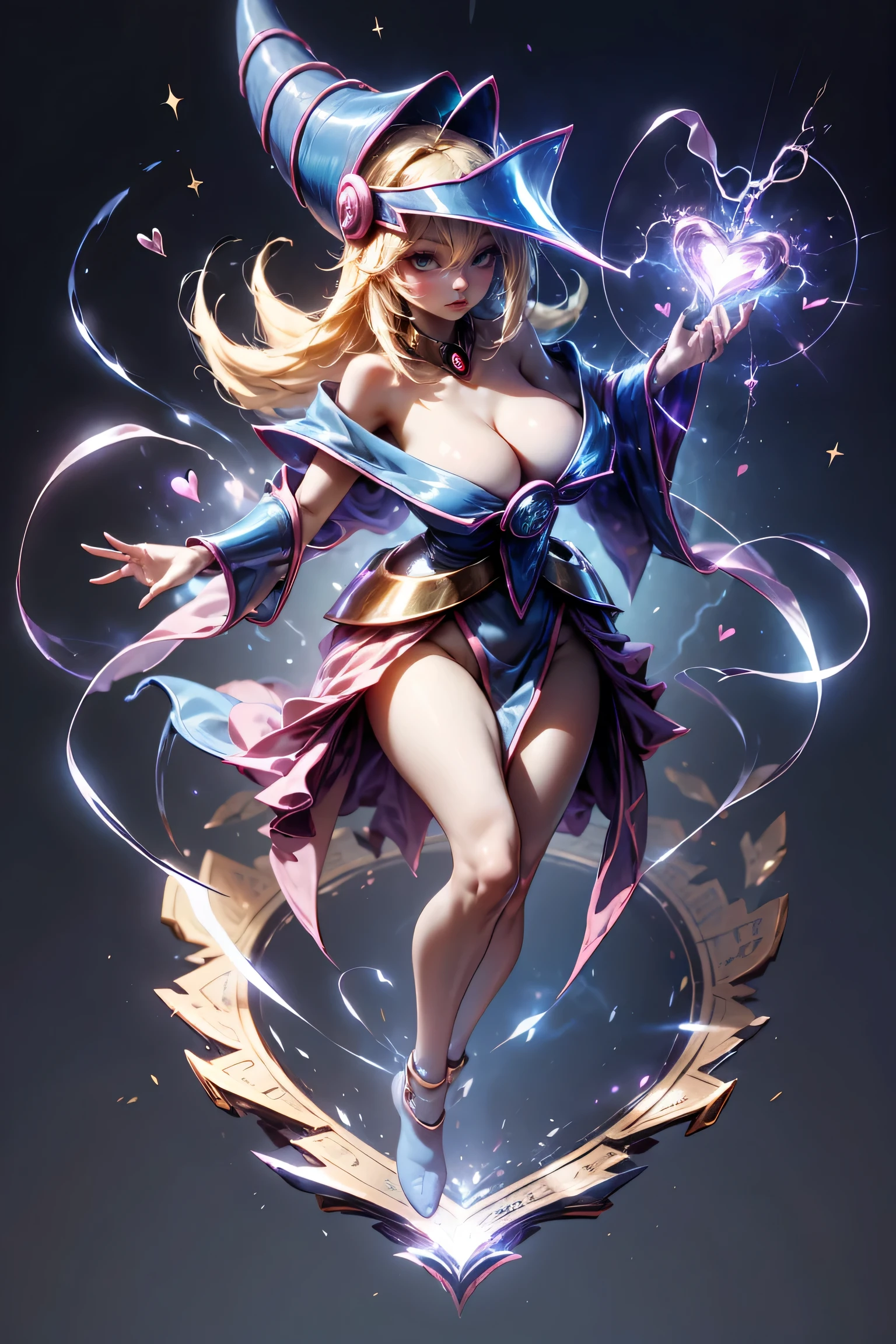 (masterpiece:1.2), (The best quality:1.2), perfect lighting, Dark Magician Girl casting a spell, floating in the air, big tits, neckline, magic background. Transparent hearts in the air, blue robe, big hat, from above, Sparkles, Yugioh Card in the background very close to the screen 