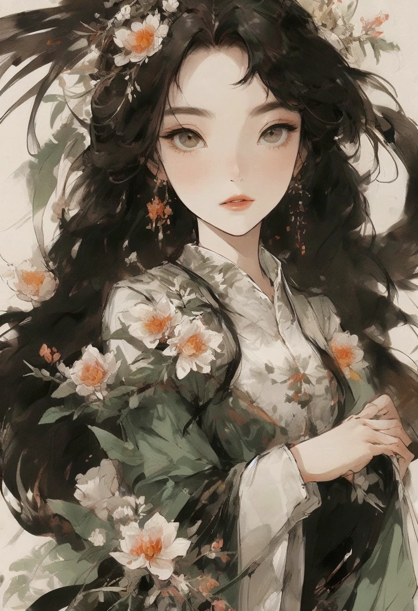 A Ming Dynasty figure painting in the style of Tang Yin, featuring a beautiful woman holding a flower with a bird perched on her finger.