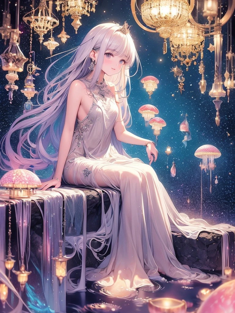 Masterpiece, high resolution, highest quality, fractal art, underwater, glowing jellyfish swimming, fantastic background, bubbles, sea spirit with silvery long hair, mysterious princess A-line long dress, neat and clean outfit, lots of fabric, Korean glitter eye makeup, mature, older sister, fantasy art, small breasts