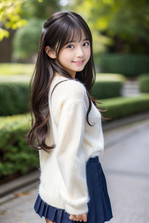 (((masterpiece))), (((Full body photo)))， (Beautiful Japanese Girl, Innocence，cute) ，Ultra-high resolution, Realistic, Ultra-detailed, 8k,Highest quality, Very detailed, Detailed Background,Slender,とてもBeautiful Japanese Girl, Detailed face:1.3), (Fluffy long hair,Black-haired :1.4), (Baby Face，cute系,Adorable 12 year old girl), (Perfect body:1.1),，Cute Smile:、show me your beautiful teeth、非常にDetailed face、Detailed lips、Detailed eyes、 gravure idol，Clear Skin、Realistic:1.37，No makeup，Neutral lighting,(Highest quality, masterpiece), (One girl, alone, school uniform,Navy blue jumper skirt,,Are standing , View your viewers, Beautiful clavicle、have a paperback book、Mouth closed, Upper Body),(at the library)