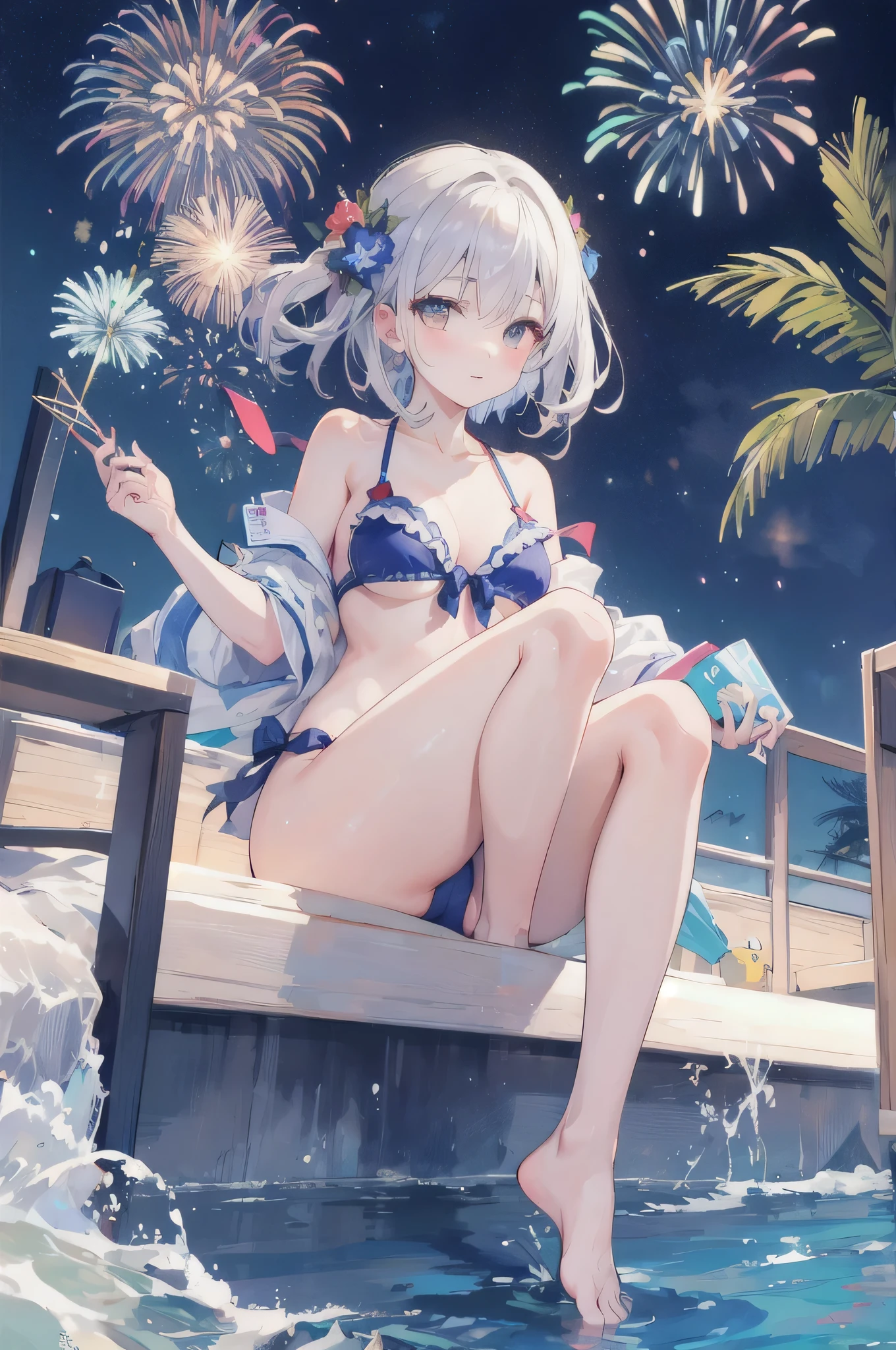 masterpiece, Highest quality, A girl is playing fireworks、night、Swimwear
