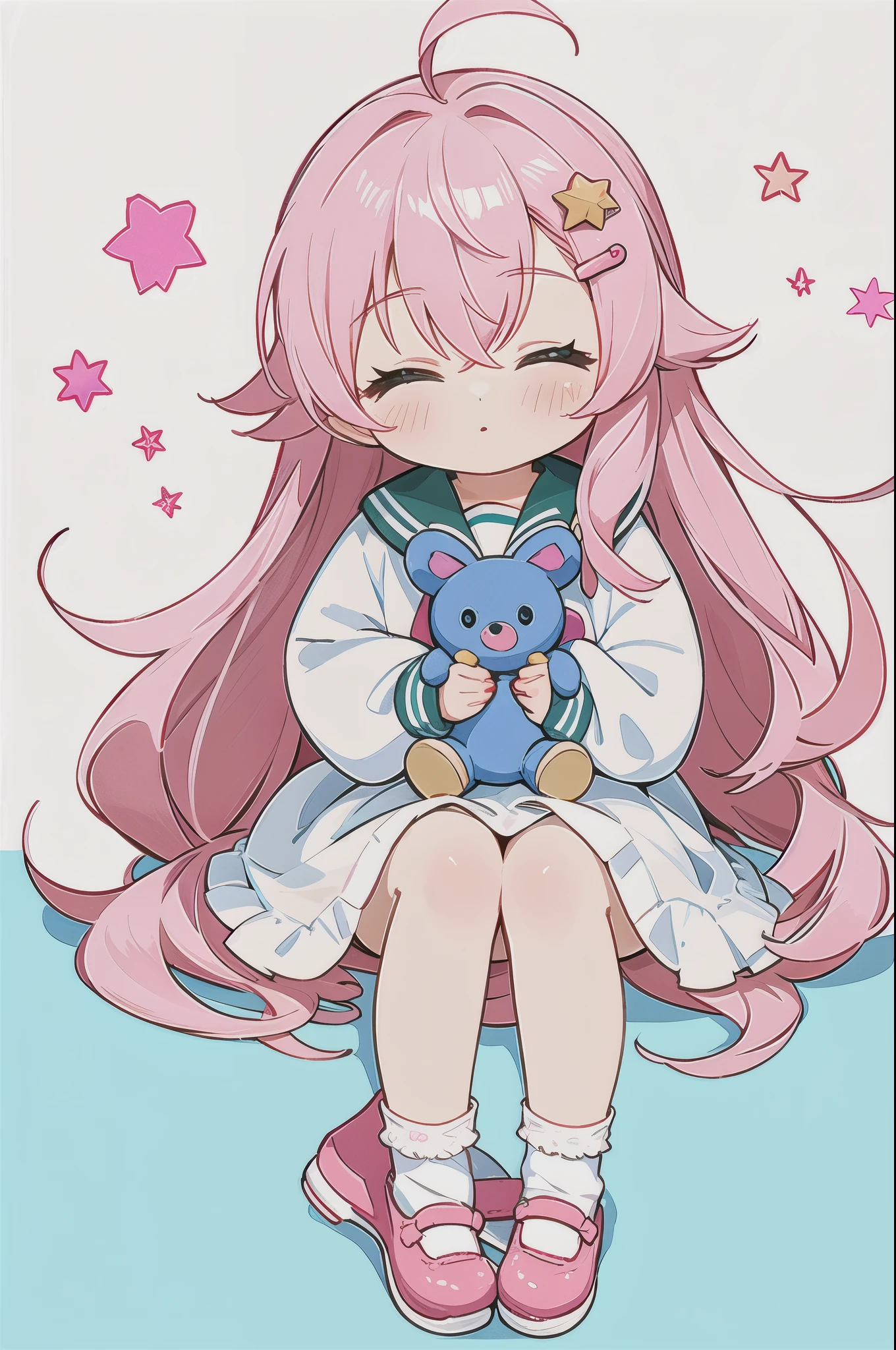 QBJS,Q-version character,1girl,solo,pink hair,white background,socks,one eye closed,shoes,long hair,chibi,sailor collar,very long hair,blush,long sleeves,full body,ahoge,bangs,star \(symbol\),hair ornament,pink footwear,skirt,stuffed toy,simple background,white socks,stuffed animal,pleated skirt,white dress,object hug,looking at viewer,hairclip,white skirt,hair between eyes,shirt,jacket,white shirt,open clothes,