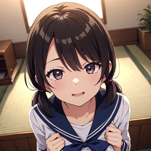 1girl, yo,
standing,
(hands in front of chest, arms), fist lift in front of chest,
(thrilled expression:1.2), (excited expression:1.2),
excited smile,
black hair, very long hair, (low twintails), low pigtails, red ribbon in hair,
navy-blue collar, white serafuku with blue ribbon, navy-blue skirt,
(dark brown eye),
upper body,
afternoon, summer,
from front,
(pov),
close-up face,
from above,
high brightness, detailed face, detailed eyes,
(high quality, ultra detailed, masterpiece, super detail, highres, anatomically correct, UHD),
Japanese anime style, extremely cute, good hands, good fingers