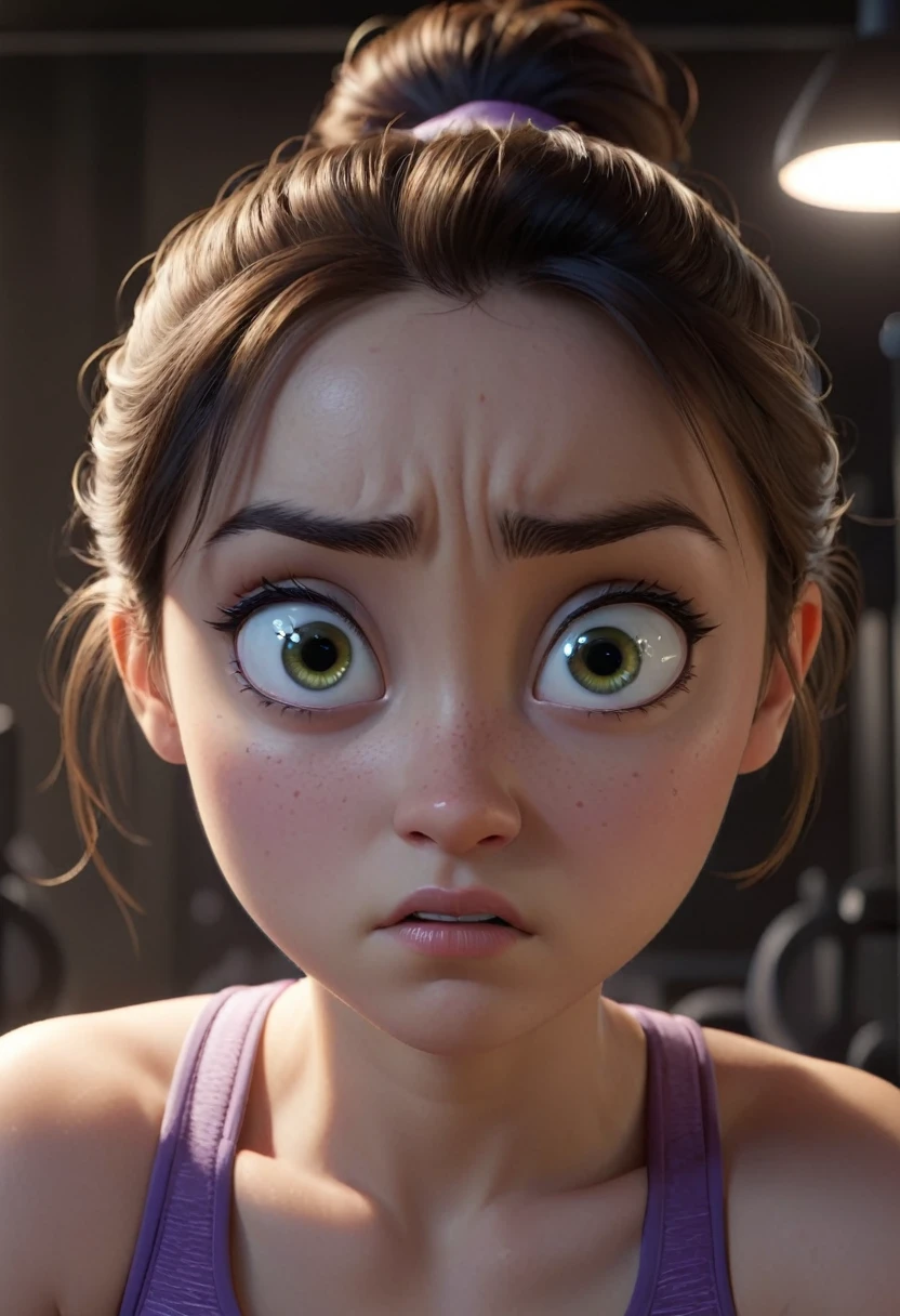 Girl working out in a dark room her face so serious in expression. Close up. High quality Pixar image. 4k