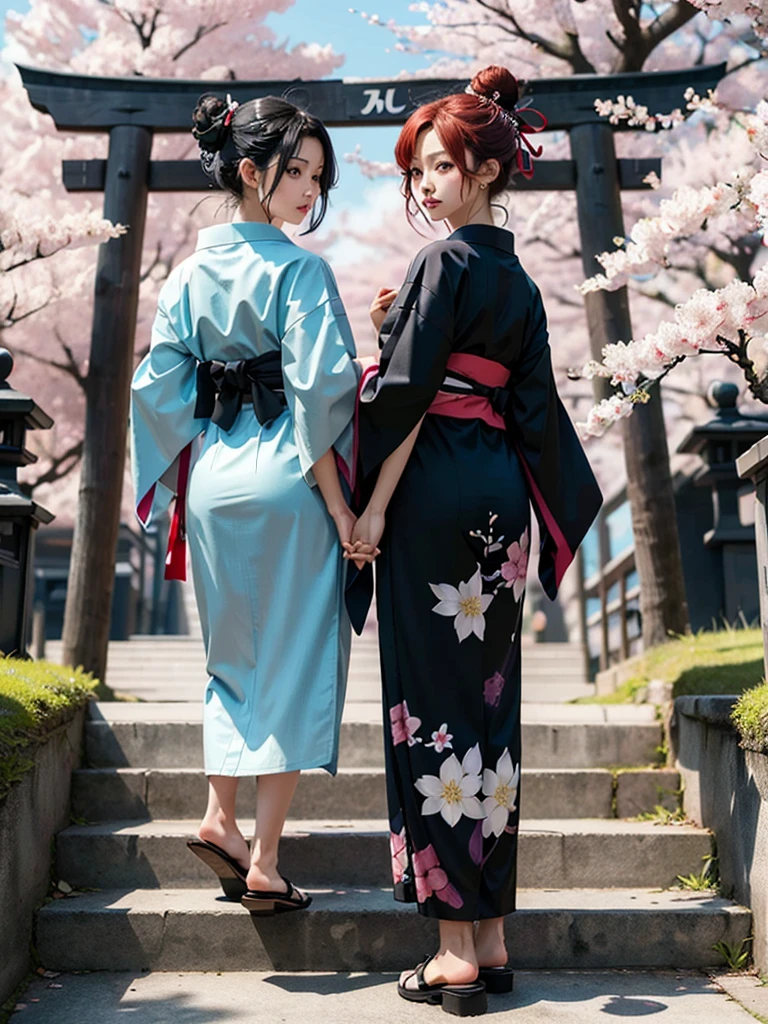 ((masterpiece,best quality)),2girls, black kimono, black legwear, black ribbon, black hair, cherry blossoms, day, flower, hair bun, hair ribbon, japanese clothes, kimono, long hair, looking at viewer, looking back, multiple girls, obi, outdoors, red eyes, red hair, ribbon, sandals, single hair bun, stairs, standing, statue, torii, tree, white kimono, yellow eyes