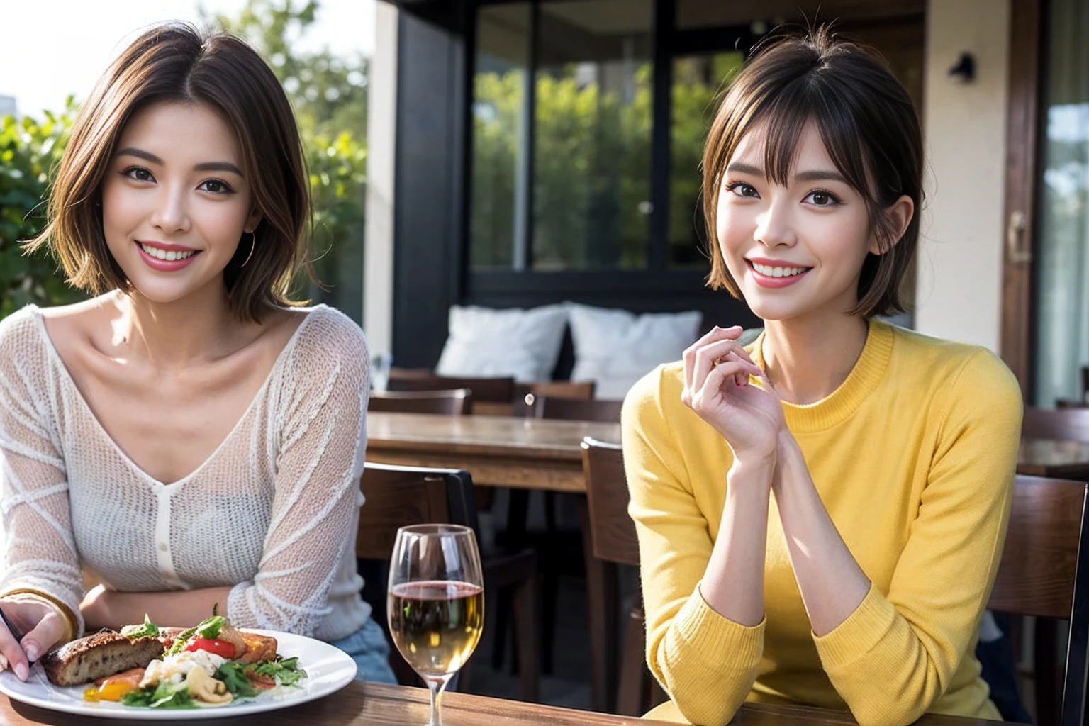 (Realistic:1.1),(masterpiece,Highest quality),8k,(56 years old), 53 years old, ベリーslimボディ、slimカップル、Tight waist,Upper Body,full-course dinner、wine 、Amazing view of the sunset sky and clouds、Perfect Anatomy, Brown Hair, short hair,Random Hairstyles,((Highly detailed face and eyes:1.2)),Perfect golden ratio face,Long sleeve shirt、dress,(smile:1.2)、Shortcuts、cute、(Realistic, Intricate details:1.2), A bright smile、short hair,Bright Face、赤wine 、Appetizers、Italian food、wine bottle、Champagne、スパークリングwine、(slimな顔), (The body is slim), (Brown Hair), (Shortcuts), Upper Body, 白wine, slim, wineグラス,