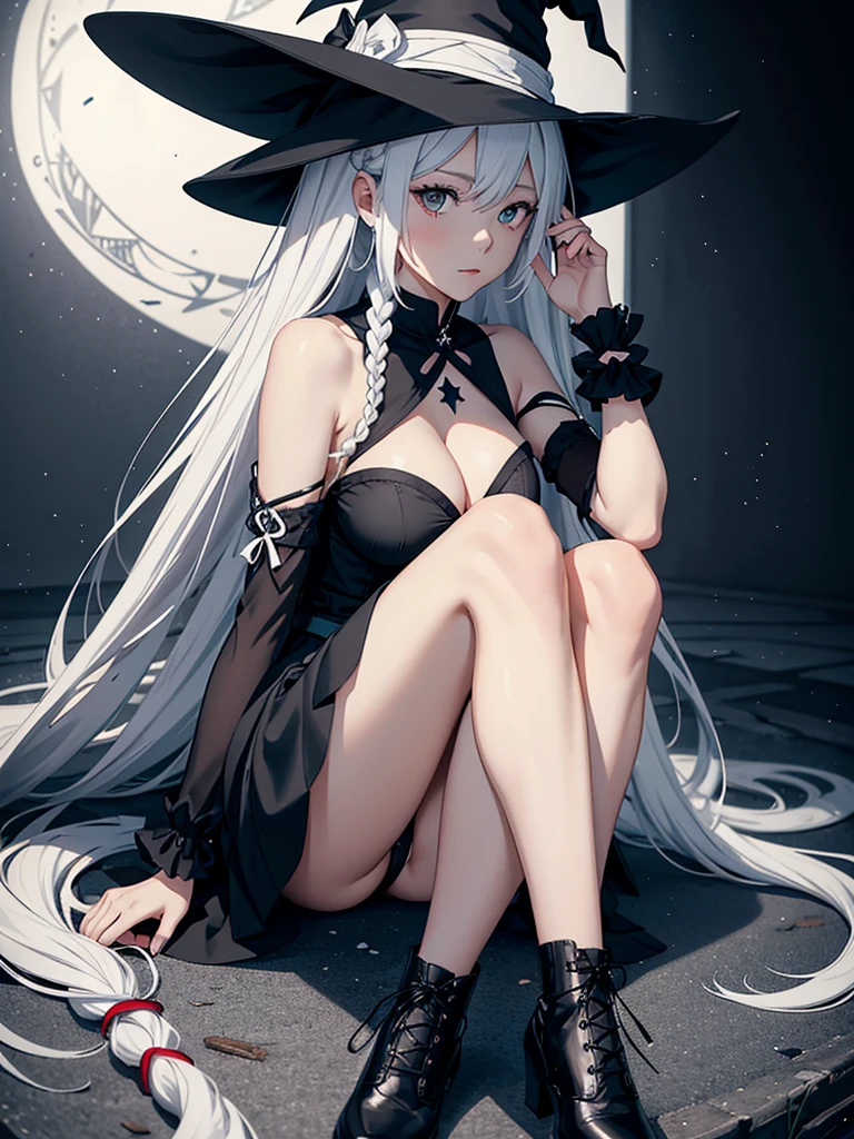 Draw a witch in anime style, she has a black cone-shaped hat, white long hair, some strands are braided, she is wearing a black top with open shoulders and a star neckline on the chest, black sleeves slightly cover her hands, her skirt is gray, the skirt consists of many ribbons on which different symbols are written, her shoes are white, the height is above the knees, the shoes are made of white ribbons that go around the witch’s legs just above the knee, big cleavage, beautiful women, sitting in the air