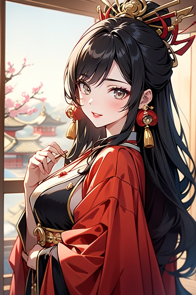 masterpiece, Highest quality, One girl, alone, 軽い笑face, Portraiture, Upper Body, View your viewers, Red lips, [:edg oiran_compensate,edg oiran_Hairstyle,perfect edg oiran_face::0.5], beautiful edg oiran_woman, [kimono|dress], (Wear evening gown:1.25), 