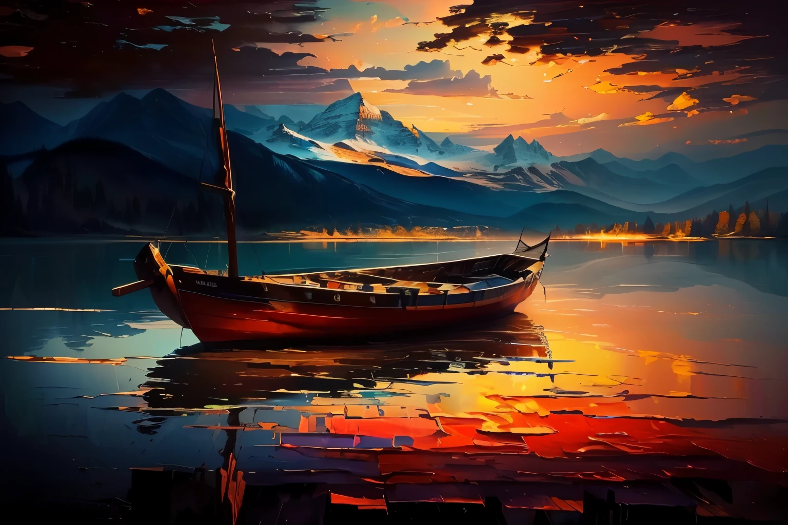 painting of a boat on a lake with a mountain in the background, beautiful art uhd 4 k, oil painting 4 k, oil painting 4k, rich deep colors masterpiece, detailed painting 4 k, beautiful deep colors, full of colors and rich detail, 8 k hd detailed oil painting, oil painting style, digital art oil painting, a beautiful painting