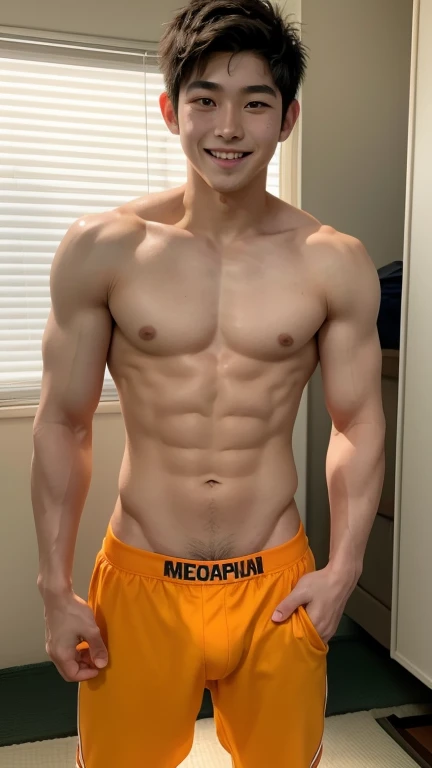 Japanese men、12 years old、Muscles and smooth skin、Shaved head baseball player、Relaxed and friendly smile、Orange and yellow thin boxer briefs、the whole body looks good、