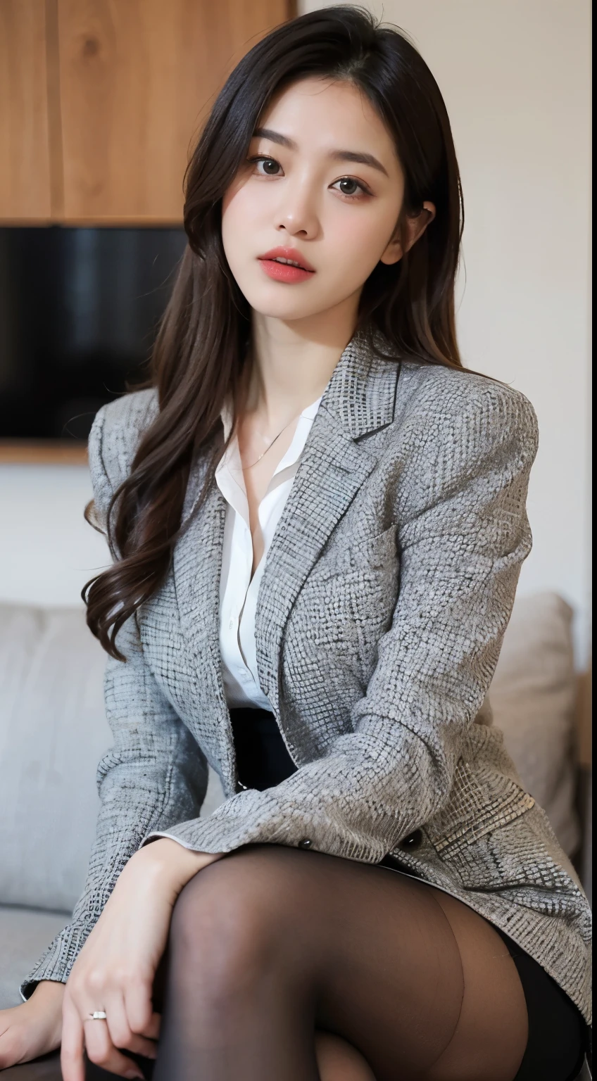 (((masterpiece))), (((Highest quality: 1.4))), ((Super detailed: 1.4)) ,
There is a woman sitting cross-legged on the sofa, (Wearing ultra-realistic pantyhose)、((Wearing a strict business suit)), Skirts and pantyhose、Various poses, 30-year-old woman, 30-year-old woman, Beautiful mature woman, translator, height: 165cm, Full Leg、RAW Photos, (8k、Highest quality、masterpiece:1.2)、(Intricate details:1.4)、(Realistic:1.4)、Octane Rendering、Complex 3D rendering with ultra-detail, Studio Lighting, Rim Light, Sharp details, Super Detail, Realistic skin texture, detailed aspects, Beautiful details in the eyes, Highly detailed CG Unity 16k wallpaper, Makeup, (Detailed Background:1.2), Shiny skin、turn around、Bare thighs!!!、
