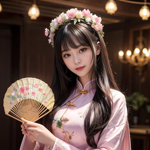best quality, Delicate face，beautiful visual work, lifelike, eternity, black hair, Long curly hair, blunt bangs, Smile, 在flower园里, flower, Detailed Background, Delicate face，pink blush，cold，((masterpiece))、(top quality)、8k、high detail、Super detailed，21 years old female，Wearing Chinese cheongsam、Seductive and whimsical style、masterpiece、born、Scenes resembling fairy tale illustrations、intricate details和複雜的設計、Beautifully、magic、capricious、 Beautifully、Dream aesthetics、「𝓡𝓸𝓶𝓪𝓷𝓽𝓲𝓬、ethereal、charming、fickle、magic」、realism、Visual effects、FXAA、SSAO、Shader、voiceless、ambient lighting、Tone mapping、High resolution、Ultra high quality、Million pixels、(8K resolution:1.10)、8k、8k以下、8K resolution、high detail、intricate details， (high quality:1.2、masterpiece:1.2、:1.21)、(21 years old female:1.21)、(興奮地Smile)、(Surrounded by a dreamy atmosphere、Model diagram，full-body shot，Normal 2 feet，Don't show your fingers，Japanese folding fan held open in front of chest
