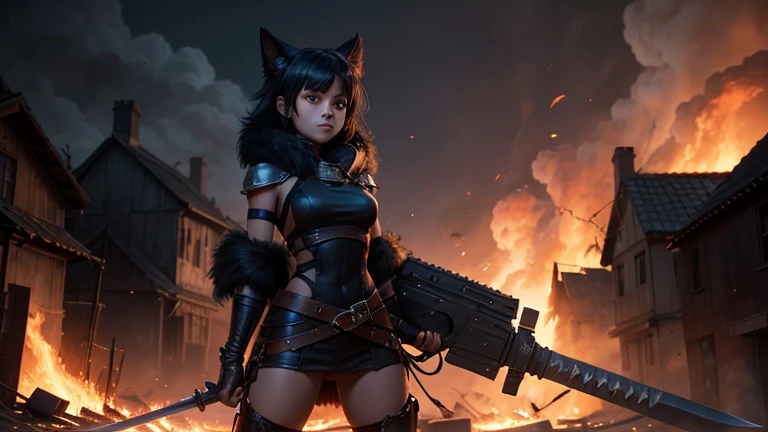 Character Kentarina ., Girl, black fur, Fire sword, setting: destroyed town, houses on fire. black creatures, shadow spectrums, amber eyes, conceptual art, cinematic lighting, drop shadow, diffraction peaks, ultra wide angle, Hasselblad, HD, masterpiece, anatomically correct, 1080P, 4k, 8k, Best Quality