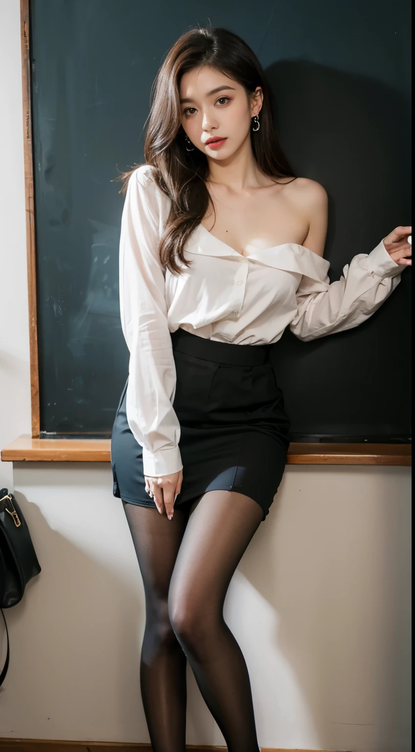 ulzzang-6500-v1.1, (RAW Photos:1.2), (Photorealistic), (Genuine:1.4), (masterpiece), (()), beautiful girl, Model Body, Big eyes, Cute droopy eyes, Small breasts, Long legs, (super Realistic pantyhose:1.3), Glossy satin blouse, Skirt and thighs, Strict teacher'The costume is sexy, Shooting from below, Very white skin, Long Hair, Wavy Hair, teacher'Chair, Realistic, indirect lighting, Volumetric Light, Ray Tracing, Very detailed, Highest quality, Ultra-high resolution, Hmph, 8k, Intense volumetric fog
