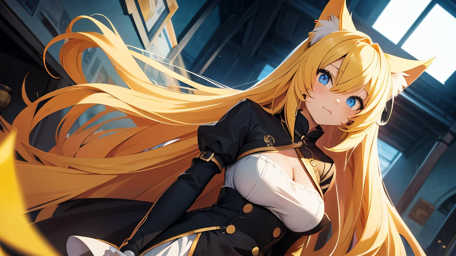 Anime cat girl with long yellow hair, blue eyes, wide angle