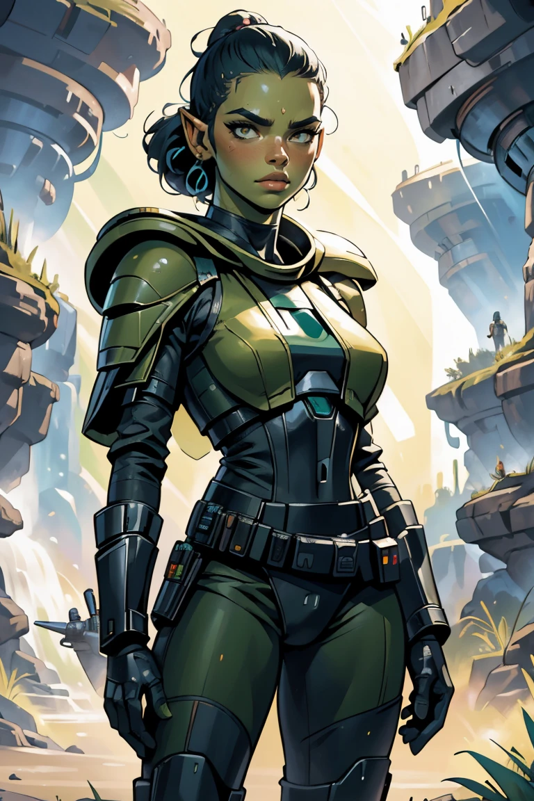 a Star Wars green alien based on Alina Lopez, Star Wars, highly detailed cinematic sci-fi illustration, black outlining, full color illustration, in the style of BORIS VALLEJO & JULIE BELL, masterpiece, 8k, ultra-detailed, physically-based rendering, vivid colors, dramatic lighting, intricate background, photorealistic