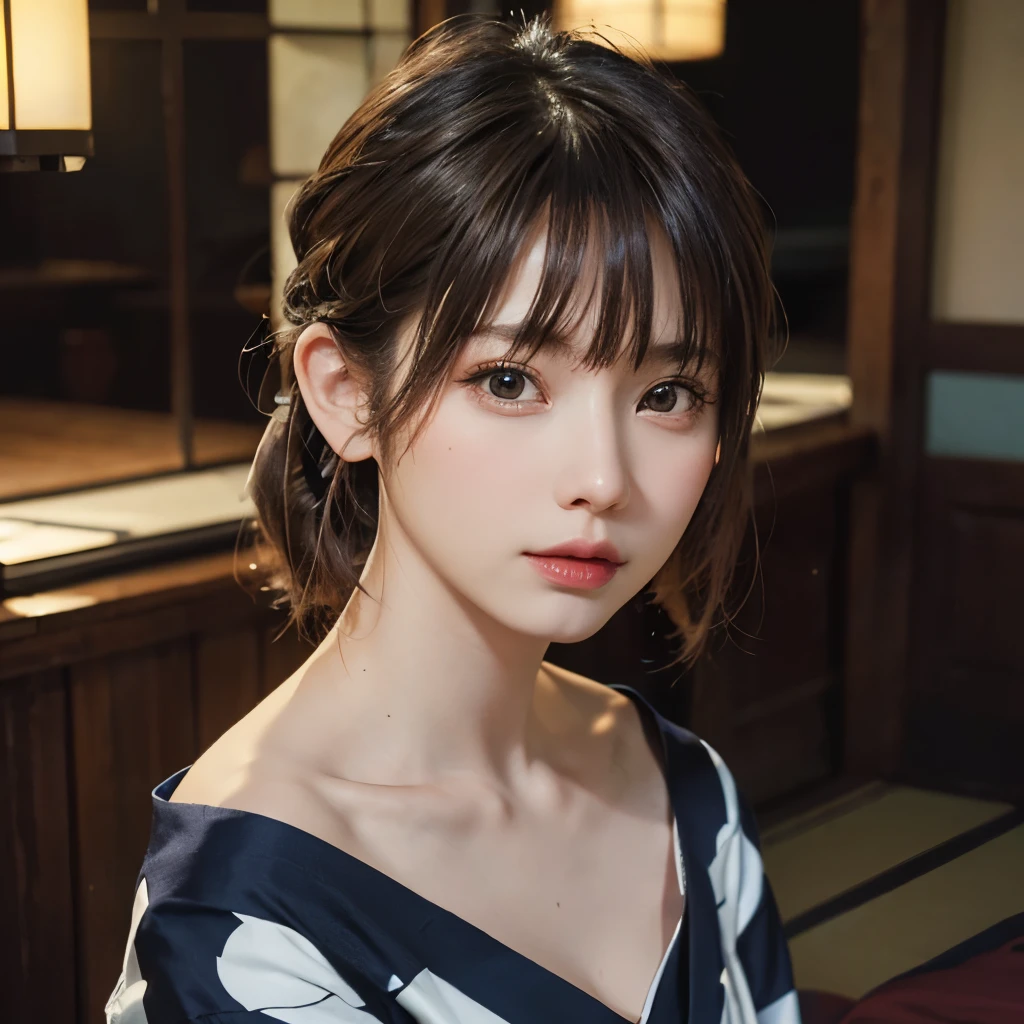 (photoRealistic:1.4), (masterpiece), (Highest quality), (Highest quality), (Most detailed), (Most detailed), (Very detailed), ((Very delicate and beautiful)), Digital single-lens reflex camera, Absurd,(High resolution), 8k ウルトラHD, 4K ,8k, (Realistic:1.3), Browsing Caution,
Old inn, Japanese-style room, 
(Biologically accurate), (Not deformed),Beautiful Face, Perfect Face, highly detailed Beautiful Face, Attractive look,
Upper Body, night, View your viewers, From above, From the side,
One girl, Are standing, (Wear a yukata), Off the shoulder,
