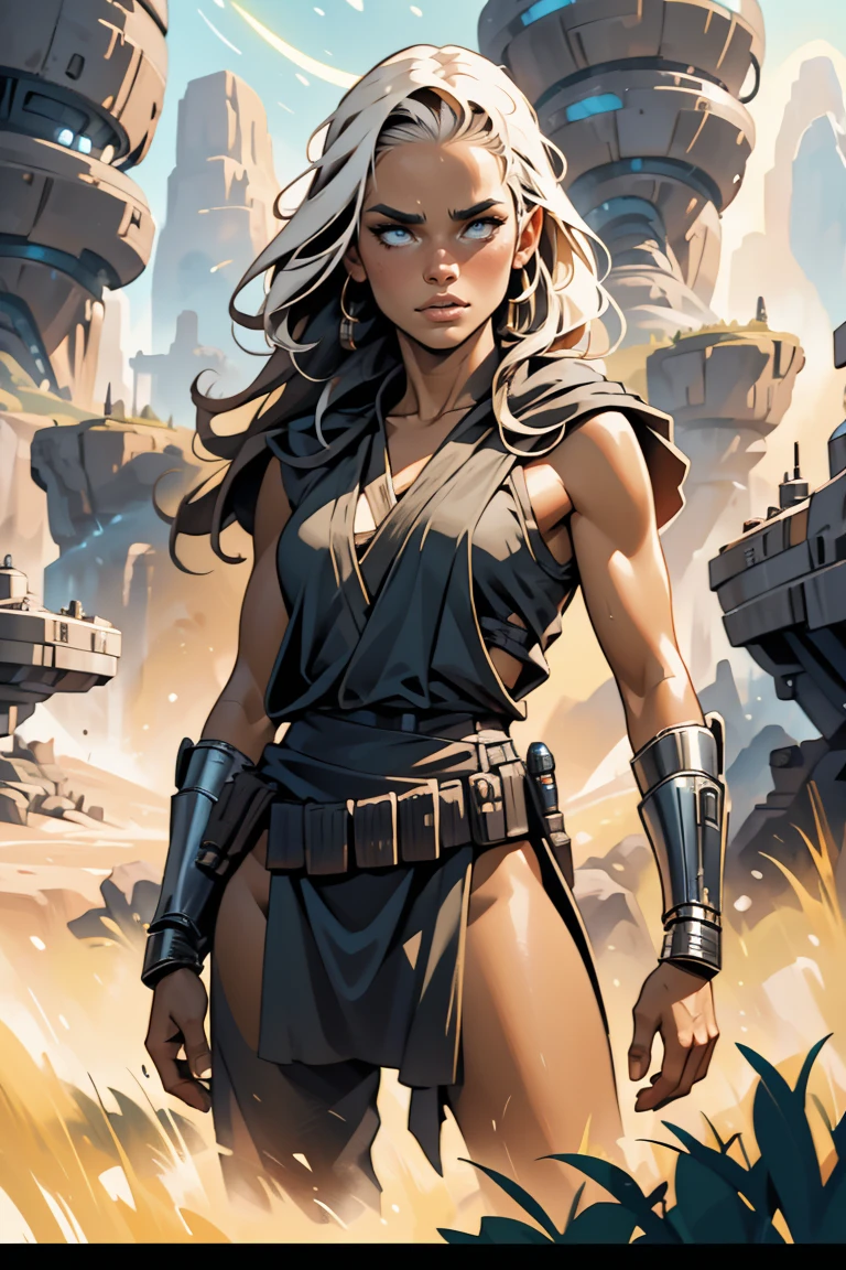 a Star Wars jedi based on Alina Lopez, star Wars, highly detailed cinematic sci-fi illustration, black outlining, full color illustration, in the style of BORIS VALLEJO & JULIE BELL, masterpiece, 8k, ultra-detailed, physically-based rendering, vivid colors, dramatic lighting, intricate background, photorealistic