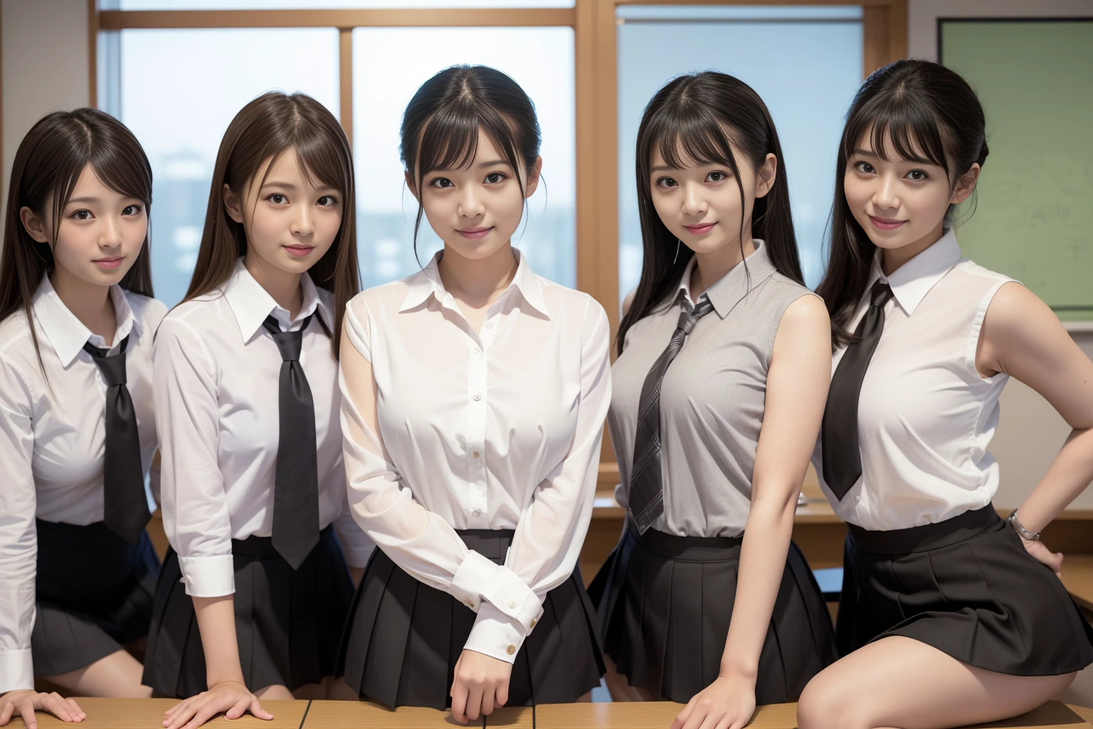 ((Highest quality, 8k, Masterpiece Details, Ultra-high resolution)), (Looking at the audience), (Full Shot:), 魅力的な5-peopleの女の子, 5-people, Slender:0.25, A white, sleeveless, see-through, tight shirt with buttons on the collar and chest., Grey tight skirt, (sitting at a desk in an office), smile, CEO's Office,Big Breasts、Erect nipples、( in Japan:1.3), Adorable expression、Expressions of happiness、10 years old、height: 1ce、Amazingly cute、Cute type