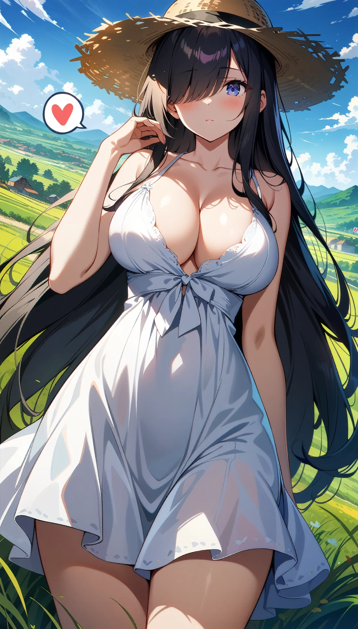 1 woman, black hair, very long hair, cute face, ideal ratio body proportions, blush, ((((hair over eyes)))), (curvy), (((large breasts))), (((large hip))), ((cleavage)), ((Straw hat)), (((White negligee))), ((Expressionless)), ((White dress)), ((Close your mouth)), ((((multiple angle)))), (Rural landscape:1.5), ((cowboy shot)), (((((spoken heart))))), ((from front)), ((from below)), (((looking down at viewer))), ((32k)), ((best quality)), ((ultra high res)), ((HDR)), ((UHD)), ((extremely detailed CG)), ((unity 32k wallpaper)), ((perfect anatomy)), (((anime colored))),