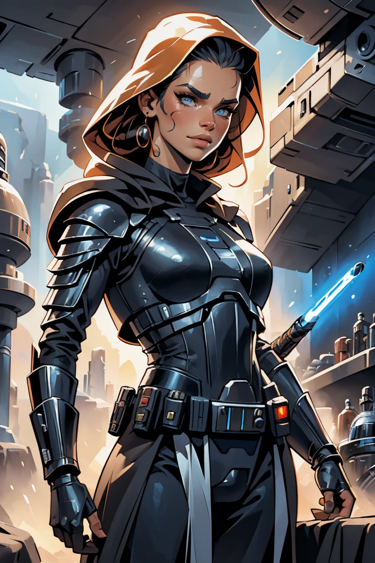 a Star Wars sith based on Alina Lopez, star Wars, highly detailed cinematic sci-fi illustration, black outlining, full color illustration, in the style of BORIS VALLEJO & JULIE BELL, masterpiece, 8k, ultra-detailed, physically-based rendering, vivid colors, dramatic lighting, intricate background, photorealistic