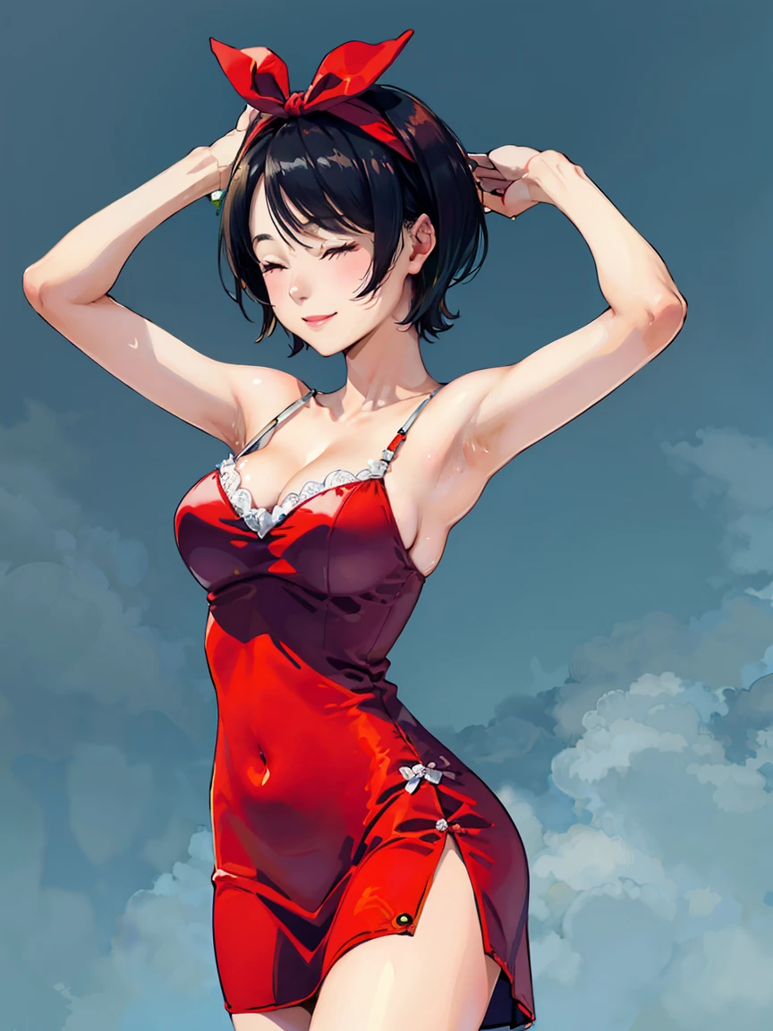 black hair, short hair, blue eyes, ribbon, breasts, bow, hair ribbon, hairband, hair bow, bangs, large breasts, sarashina ruka, smile,
BREAK (Red silk dress,Open abdomen,Exposed cleavage,show legs,(Openwork pattern,red colour,silkouette:1.2),
BREAK closed_eyes, closed_mouth, hands_in_hair, simple_background, white_background, armpits, medium_breasts, upper_body,
BREAK ((top quality, 8k, masterpiece: 1.3, ultra hd, high quality, best quality, high definition, realism)), sharp focus: 1.5, Beautiful woman with Slim body, (perfect hands, perfect anatomy),