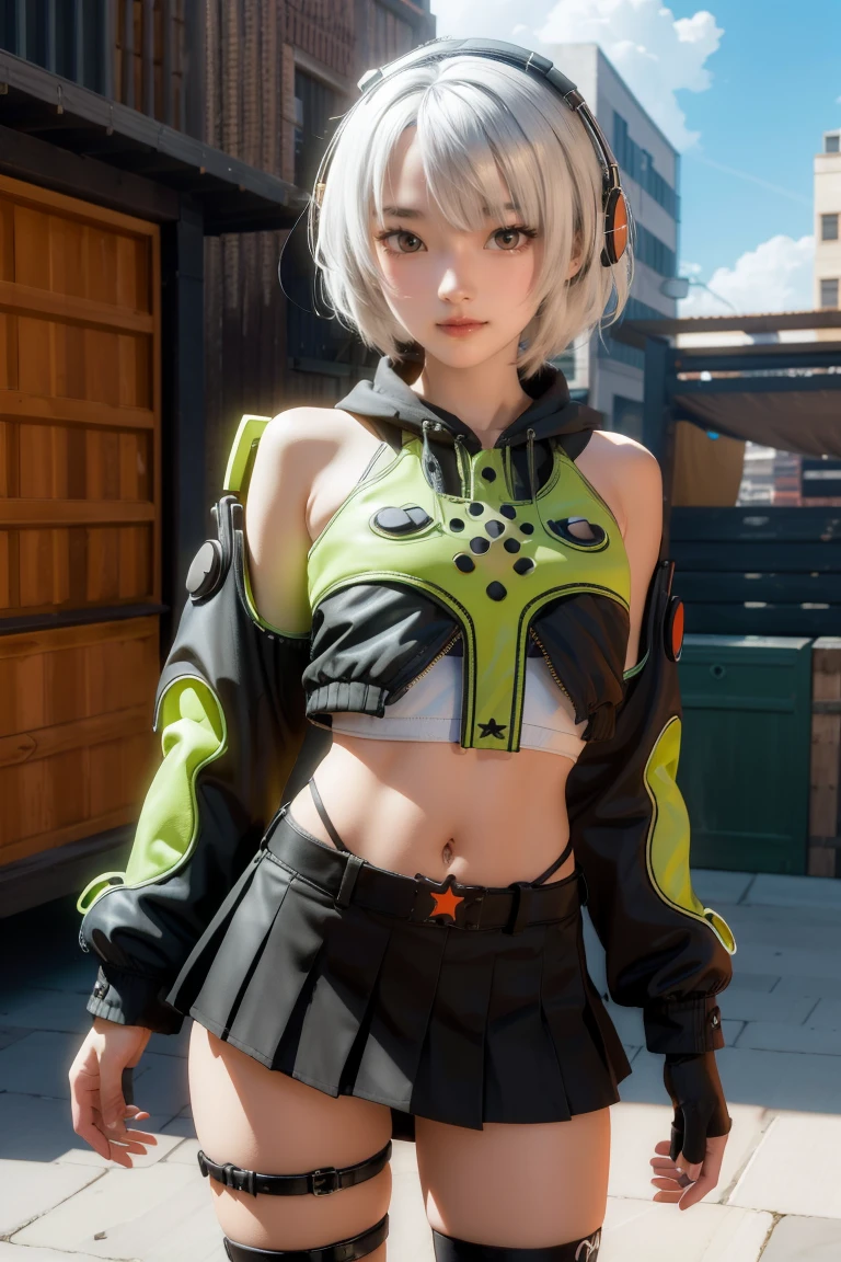 anbydemara, anby demara, (orange eyes:1.5), short hair, white hair,
BREAK bare shoulders, black gloves, black skirt, black thighhighs, fingerless gloves, gloves, green jacket, headphones, jacket, navel, skirt, stomach, thighhighs,
BREAK outdoors, city, sky, clouds, sun, buildings, crowd, people, alley,
BREAK looking at viewer, (cowboy shot:1.5),
BREAK (masterpiece:1.2), best quality, high resolution, unity 8k wallpaper, (illustration:0.8), (beautiful detailed eyes:1.6), extremely detailed face, perfect lighting, extremely detailed CG, (perfect hands, perfect anatomy),