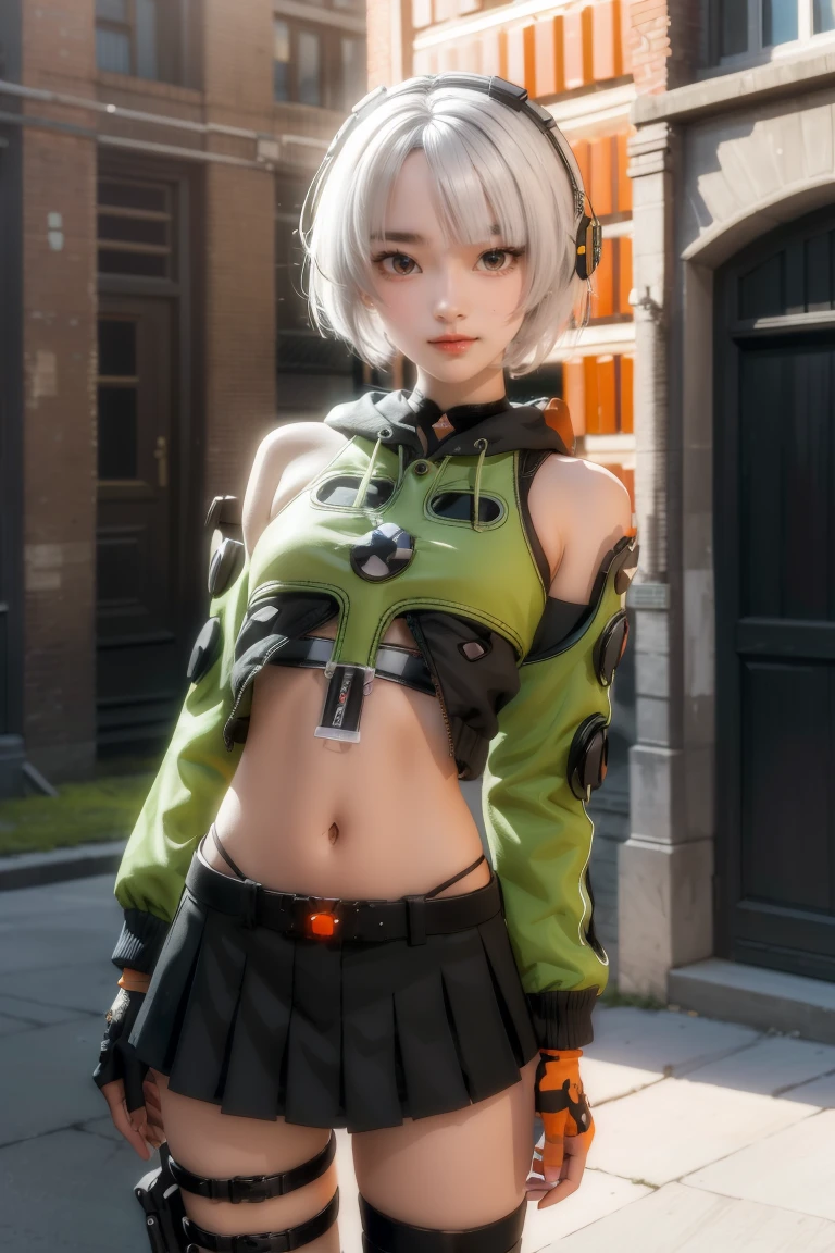 anbydemara, anby demara, (orange eyes:1.5), short hair, white hair,
BREAK bare shoulders, black gloves, black skirt, black thighhighs, fingerless gloves, gloves, green jacket, headphones, jacket, navel, skirt, stomach, thighhighs,
BREAK outdoors, city, sky, clouds, sun, buildings, crowd, people, alley,
BREAK looking at viewer, (cowboy shot:1.5),
BREAK (masterpiece:1.2), best quality, high resolution, unity 8k wallpaper, (illustration:0.8), (beautiful detailed eyes:1.6), extremely detailed face, perfect lighting, extremely detailed CG, (perfect hands, perfect anatomy),