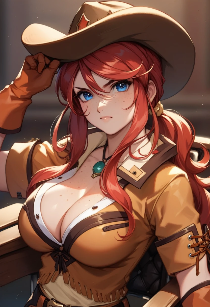 score_9, score_8_up, score_7_up, very aesthetic, source_anime, detailed, high quality, beautiful, masterpiece, detailed eyes,
Simple dark background, blurry background, sit down, (electric chair)
cowboy shot, upper body, (angry facial expression), mouth closed,
gemini sunrise, red hair, long hair, blue eyes, freckles, sidelocks, big breasts, cleavage,
belt, thigh strap, cowboy hat, cowboy boots, fringe trim, gloves, miniskirt, zPDXL