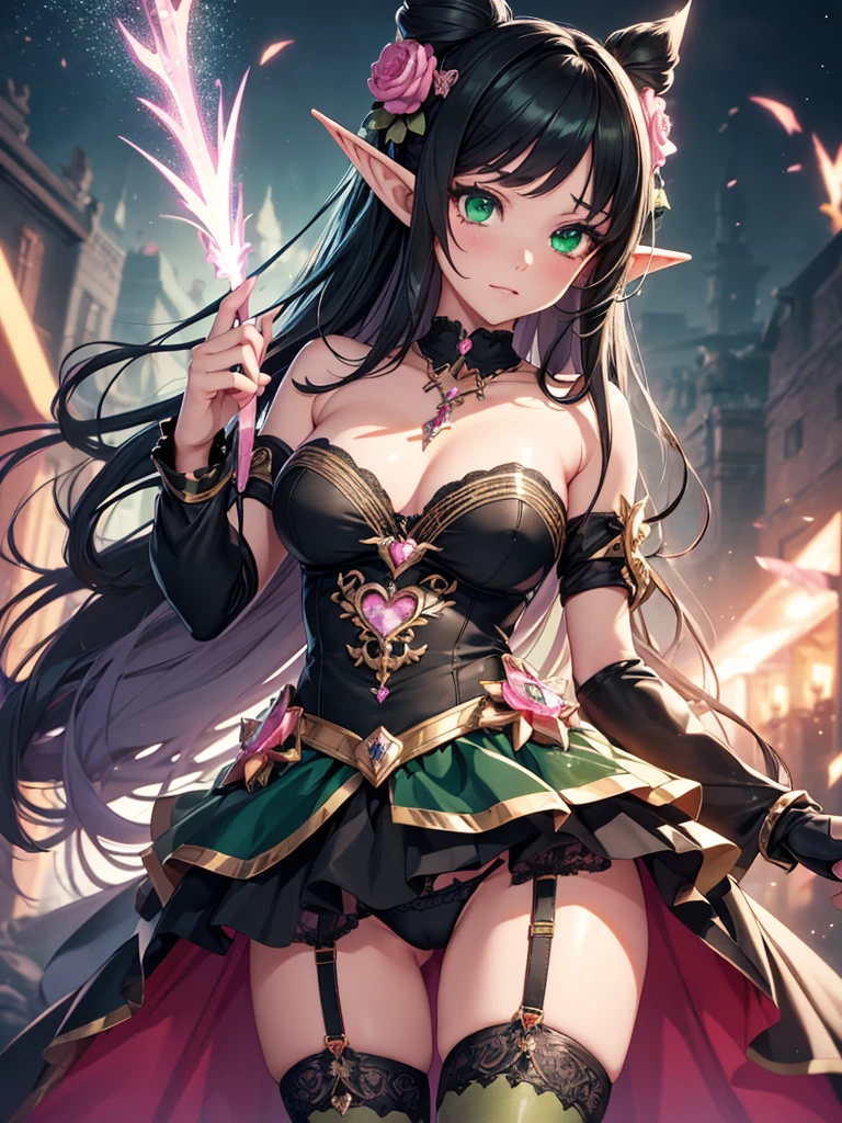 high resolution:1.7, incredibly absurdres, kawaii:1, cute:1.5, hires.fix, anime visual:1, incredibly fine illustration,8k,masterpiece:1.2,best quality,high quality, exquisite, beautiful, insanely detailed,intricate detailed,extremely detailed,Super Definition,ultra high res,Super Resolution,best aesthetic,ultra detailed:1.5, best quality, perfect face, detailed face,illustration:1.2,8k cg wallpaper,stunning art,absurdres,octane render,ultra hires,Japanese Actress,(Idol),18yo,Beautiful,(Cute and lovely),cute girl,((anime elf with extremely cute and beautiful black hair)),long hair,hime_cut,A beautiful witch with long black hair is fighting demons in the garden of an abandoned castle. She flutters her pink mini-skirt and shoots electric blasts from the tip of her right-hand magic wand. She is adorably cute and has outstanding style. (((green_eyes:1.3))),intricate eyes,beautiful detailed eyes,symmetrical eyes,big eyes:1.5,enchanting bright eyes studded with gold and silver dust,(((pinky and glowing_skin,shiny body,plastic glitter skin,exaggerated shiny skin,illuminated skin))),upward breasts,waist slender,(detailed body,(detailed face)),cute,daring,zettai ryouiki,show skin,best relationship with four fingers and one thumb,Very Fine Face and Eyes,Very Fine Hair,(Perfect Anatomy),Garter Belt,Bare shoulders,Check out our thru-rack chokers and midi rings with chains,Colorful hearts of light dance around her.