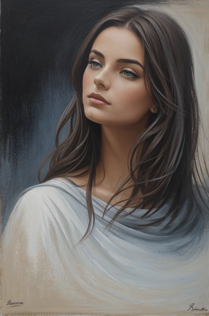 Peinture floue impressionnisme, femme brune de dos, décors paysage mer sombre et gris