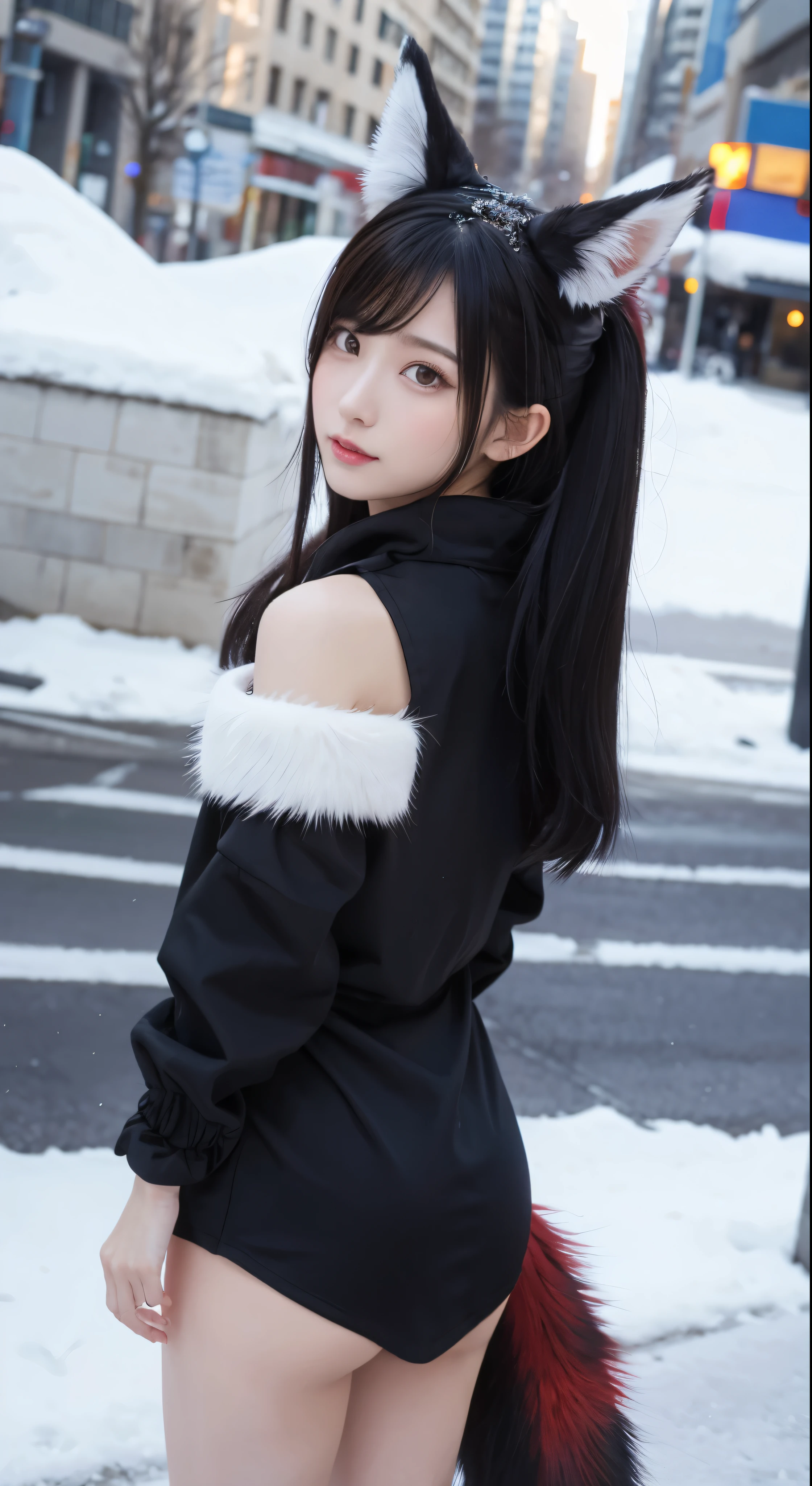 ahri, ahri_(league_of_legends), 1girl, absurdres, animal_ears, black_hair, detached_sleeves, distr, facial_mark, fox_ears, fox_tail, hand_up, highres, league_of_legends, long_hair, snowsuit, magic, multiple_tails, white_tails, orange_eyes, parted_lips, solo, standing, tail, full_body, arms behind back