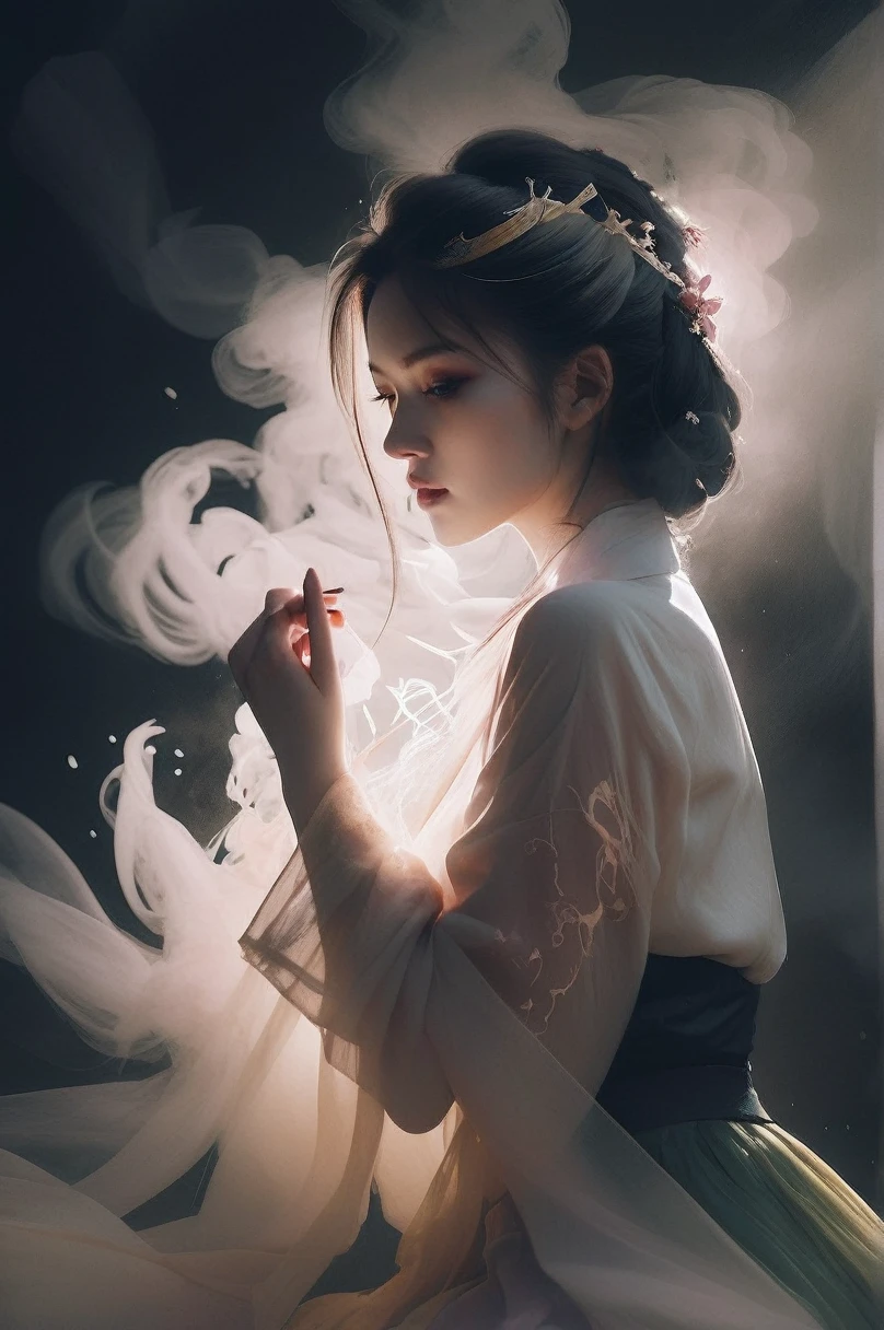 Double Exposure Style, Volumetric Lighting, Outlast style,a girl with Tulle skirt,leaning forward,Traditional Attire,Artistic Calligraphy and Ink,Faceless Butcher, light depth, dramatic atmospheric lighting, Volumetric Lighting, double image ghost effect, image combination, double exposure style