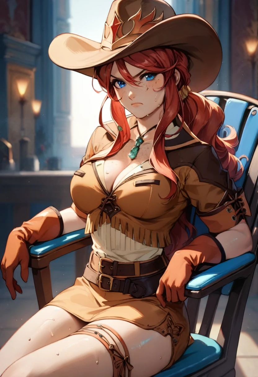 score_9, score_8_up, score_7_up, very aesthetic, source_anime, detailed, high quality, beautiful, masterpiece, detailed eyes,
Simple dark background, blurry background, sit down, (electric chair), (electric shock), electrocution, lightning
cowboy shot, upper body, (angry facial expression), (shocked eyes), mouth open, scream, sweat,
gemini sunrise, red hair, long hair, blue eyes, freckles, sidelocks, big breasts, cleavage,
belt, thigh strap, cowboy hat, cowboy boots, fringe trim, gloves, miniskirt, zPDXL