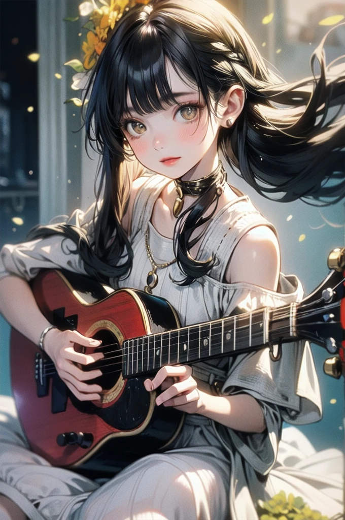 A night of music: she put on her earphones and closed her eyes. Her room was filled with beautiful melodies and she was completely absorbed in the music. 'Nothing could be more comforting', she couldn't p but smile.
