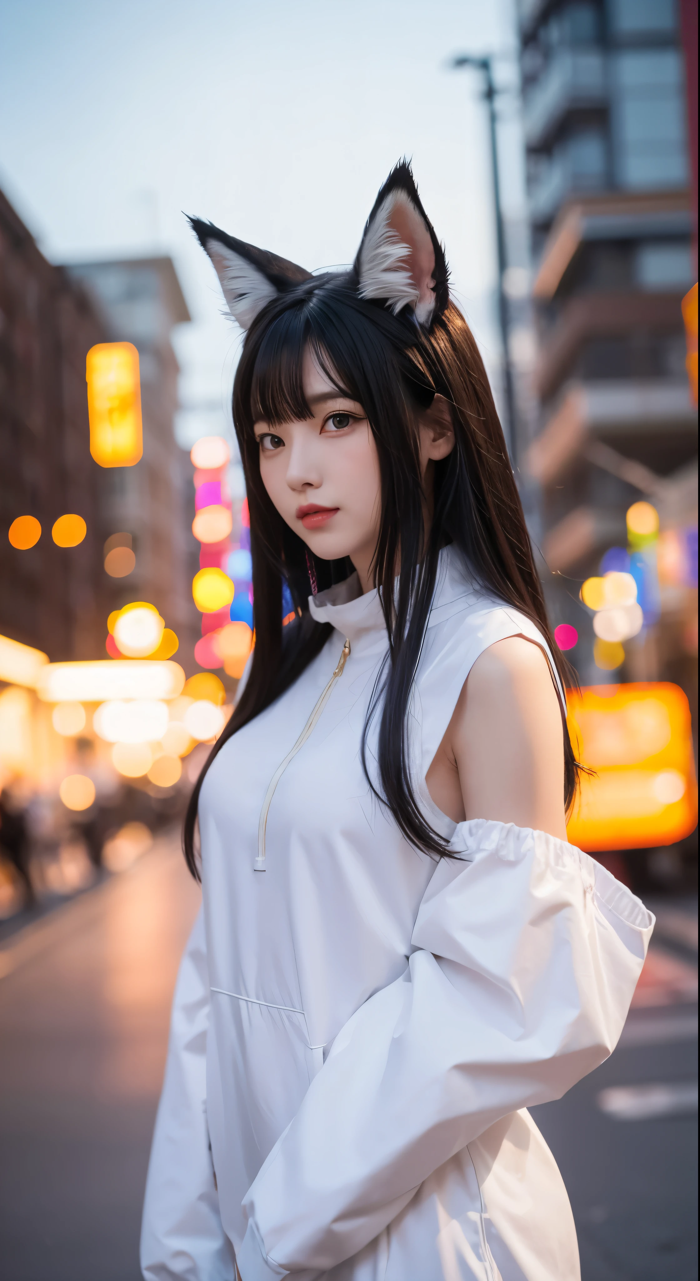 ahri, ahri_(league_of_legends), 1girl, absurdres, animal_ears, black_hair, detached_sleeves, distr, facial_mark, fox_ears, fox_tail, hand_up, highres, league_of_legends, long_hair, snowsuit, magic, multiple_tails, white_tails, orange_eyes, parted_lips, solo, standing, tail, full_body, arms behind back