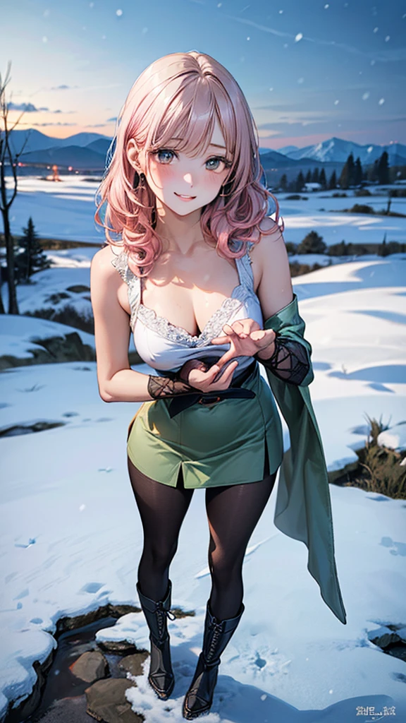 (masterpiece:1.3, top-quality, ultra high res, ultra detailed), (realistic, photorealistic:1.4), beautiful illustration, perfect lighting, natural lighting, colorful, depth of fields, green long hair, green eyes, white color dress, tigh china dress, sleeveless, Turquoise blue short skirt, blue waist cloak, Dark gray gloves, elbow Glove, Navel-out, Black pantyhose, Brown waist belt,
beautiful detailed hair, beautiful detailed face, beautiful detailed eyes, beautiful clavicle, beautiful body, beautiful , Slender thigh, beautiful legs, beautiful fingers, 
looking at viewer, full body, 1 girl, perfect face, (perfect , anatomically correct), cute and symmetrical face, babyface, shiny skin, (tsundere:1.3), 
({short hair | long hair}, curly hair, light pink hair), bangs, brown eyes, drooping eyes, long eye lasher, (), slender, white_long boots, 
(beautiful scenery), evening, mountain, snow, winter, (snowing:1.2), snowflakes, dynamic pose, ( smile, upper eyes, parted lips),