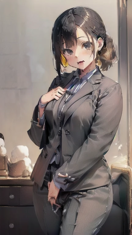 (must be follow these prompts:2.2),masterpiece,best quality,extremely detailed,(in her clothing:3.0),(in her formal styled business suit clothing:2.6),(adorable girl:2.5),(usual face:2.2),(displayed one girl on single picture:2.4),(black hair:2.1),(this girl is lower height:2.2),(ejaculated semen thoroughly cling damply to her glamorous body:2.4),(A small, curvy new employee working in modern Tokyo wearing a dark grey business suit jacket and trousers:2.1),(A cute moan like a young girl:2.1),(The new employee was squirting from the very light amber-colored semen that had soaked into his dark grey suit.:1.6),(The new employee was wearing a business suit and had been ejaculated on there a long time ago, leaving a very light brownish yellowish stain with varying shades of color.:1.6),(その新入社員はfirst time々It gives a cute and innocent impression.:2.4),(The new employee succumbed to her carnal desires and played with her clitoris through her pants.:1.5),(The new employee's breasts, covered by her business suit, are bulging out due to her strong sexual desire.:2.1),(libidonous tumultus are happened on her mind to get salacious:2.4),(Lewd love juices dripping down the inner thighs of his dark grey trousers:2.2),(The new employee's soft bare skin under her clothes was still covered in a huge amount of semen.:2.2),(in her clothing massively ejaculated:2.6),(men's elected twangers were inserted her:2.3),(libidonous glamorous:2.3),(The new employee with a plump, round body smells like semen:2.3),(she was already stroked up to the depth intervaginal sensual spot:2.3),(her hidden vagina is certainly fertilized:2.8),(notably buldged up her inner labia majora:2.9),(A young, shy moan:1.5),(having big breasts in her clothing:2.6),(A new employee with an innocent look working in the office:2.3),(The new employee is short but has a slightly plump body.:2.1),(The crotch of his dark grey trousers is heavily discolored with love juice stains.:2.5),(The new employee is convulsing and dripping love juice from her pussy, which is hidden under her pants.:1.8),(The new employee's dark grey trousers, encircling her plump thighs, are damp with lascivious secretions.:2.0),(The new employee endures the slush between his legs by keeping his dark grey trousers on tight.:2.5),(A new employee who is always holding his crotch over his dark grey trousers:1.7),(A moan filled with childish embarrassment:1.5),(The new employee's suit-covered breasts and nipples are bulging with lust.:1.8),(The new employee's lewd body beneath her clothes is swelling slightly with her lascivious reaction.:1.9),(The new employee works very diligently.:2.5),(The new employee has short, thick legs.:2.2),(first time々New Employees:2.2),(she looks like japanese idol:2.3),(The dark grey trousers are made of a durable fabric that will never tear.:4.3),(Her bursting breasts are completely hidden under a dark grey office suit:2.4),(she looks like a lolita:2.0),(All of this happened to the new employee himself, not anyone else.:2.1),(Slimy semen was leaking from the crotch area of his dark grey trousers.:1.6),(tough business suit:2.2),(Make sure to depict the face:5.3),(Calm expression:4.3),(Innocent face:3),(The story focuses on just that one new employee.:3.3),(The only characters that appear are the new recruits.:4.2),(Portrait Style:5)