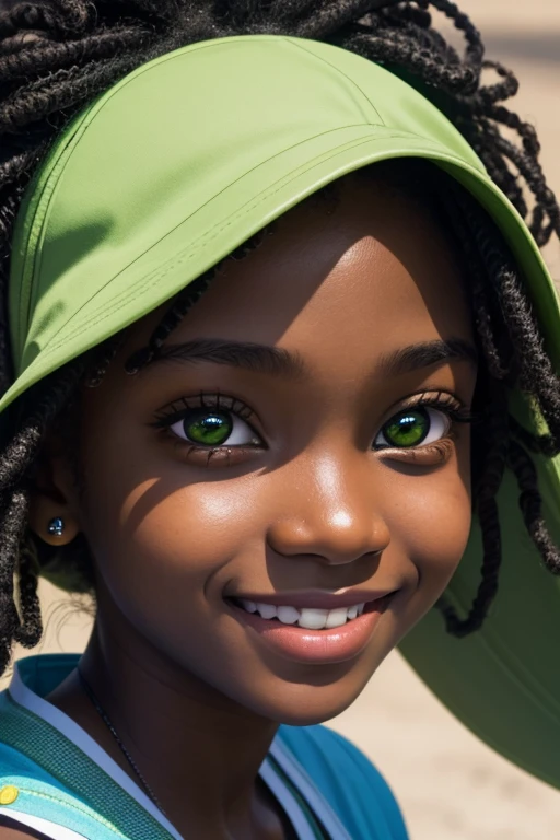 close up portraits of a young black girl that looking straight, smiling to the camera. her big expressive wide eyes are green, and there something shining inside