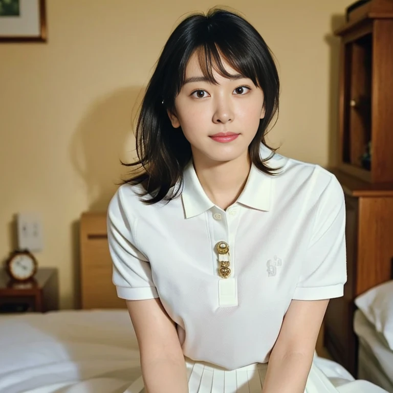 (Masterpiece, Best quality:1.4), (Ultra realistic, Photo-realistic:1.2), Full body, All fours, Looking at viewer, Natural light, 28 years old actress, Japanese women, Neat and clean, ((Wearing white tennis uniform, White short-sleeve polo shirt with collar, Not buttoning the polo shirt, White pleated tennis skirt:1.3)), Wearing white sock, (Ponytail:1.2), Short wavy hair, Black hair color, (Beautiful face), Oval face, clear, Beautiful eyes, Kind eyes, Clear skin, Small face, Beautiful mouth, Small mouth, Natural makeup, Approachable, Seductive smile, (Seductive pose:1.3), (Beautiful thighs:1.1), Bedroom eyes, Embarrassed, Blush, Luxury hotel Suite room, On bed,